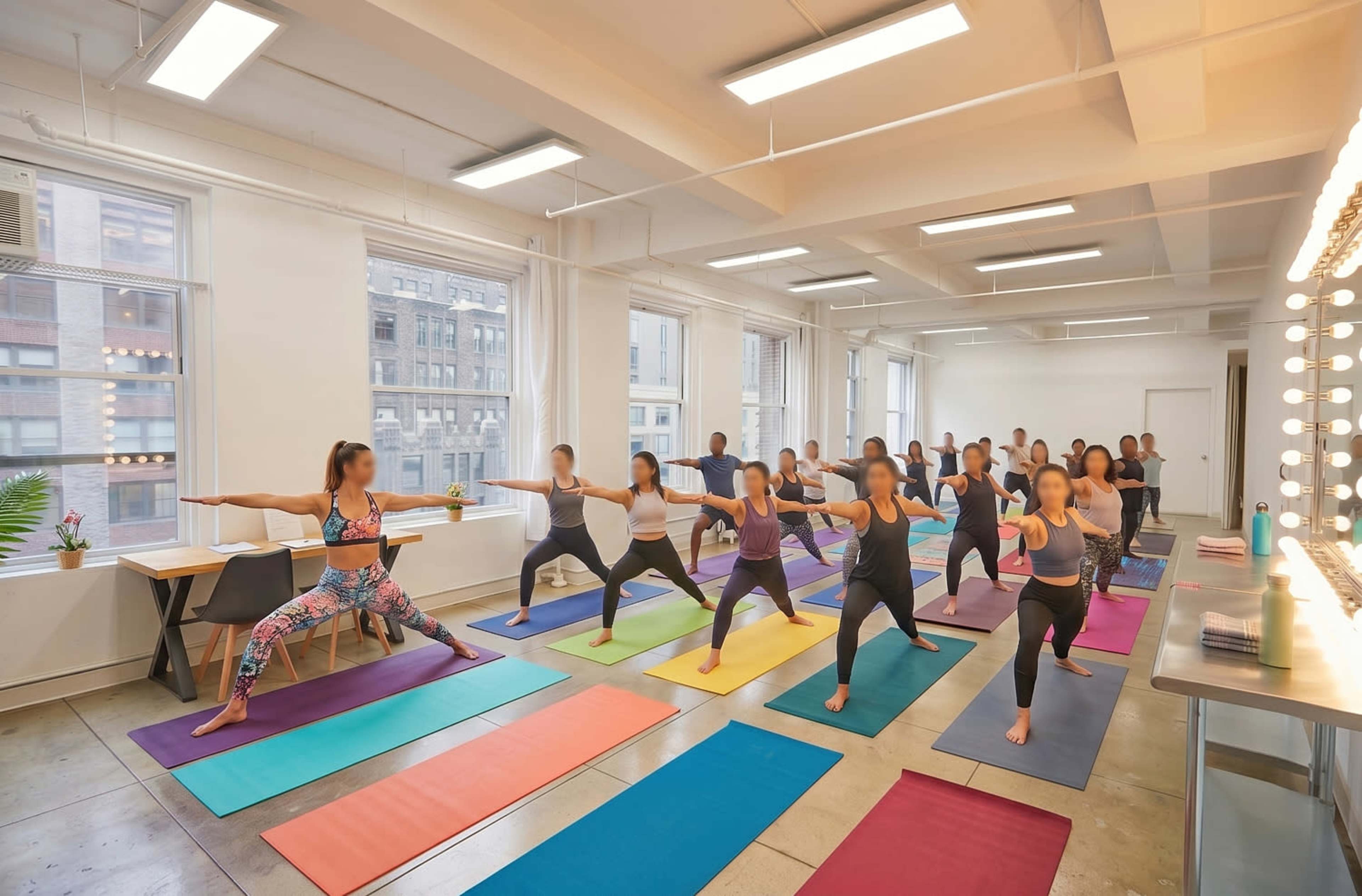 A group of people practices yoga in a well-lit studio with colorful mats arranged on the floor.