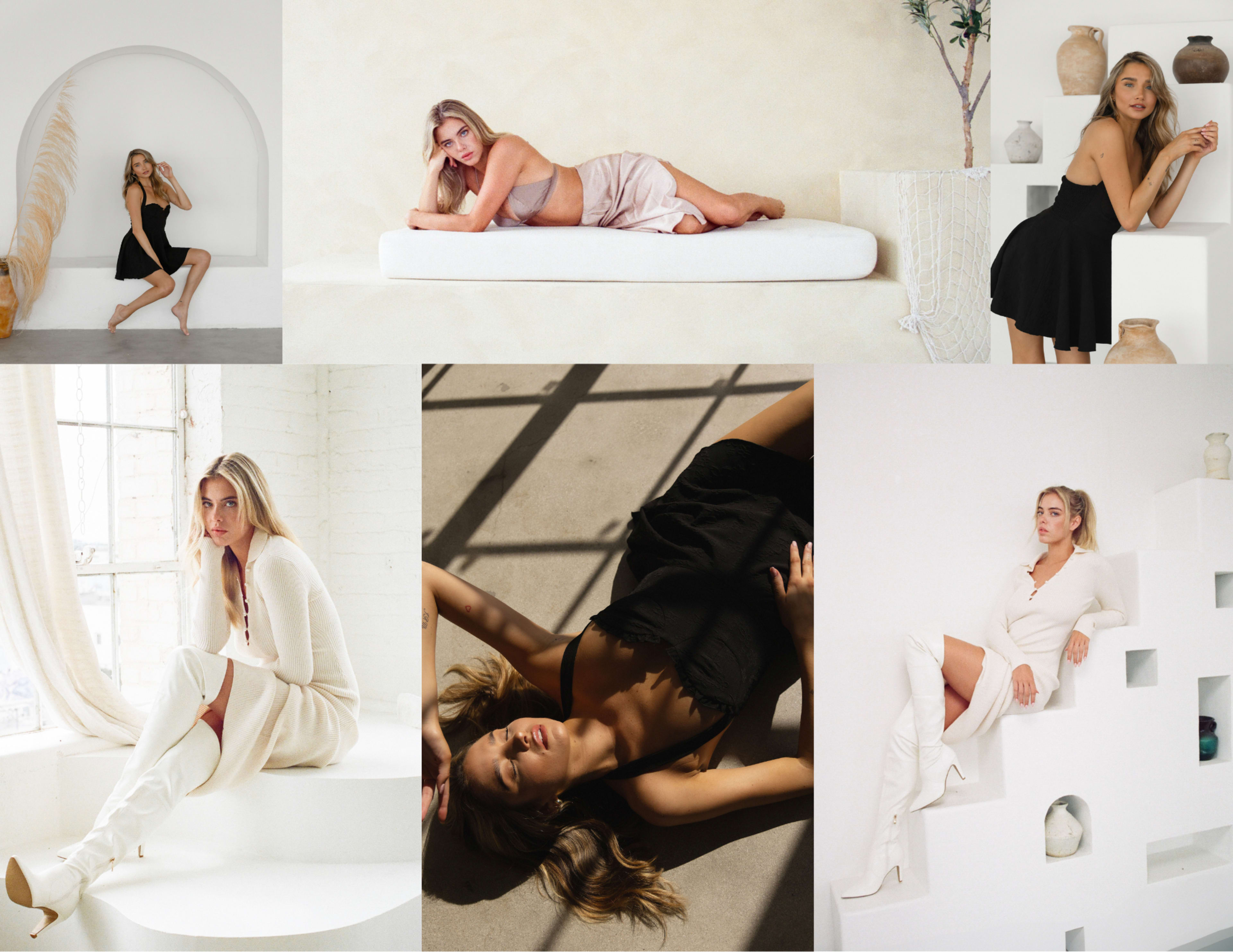 The collage features a woman in various poses and outfits against different minimalist backgrounds, showcasing a range of fashion styles and settings.