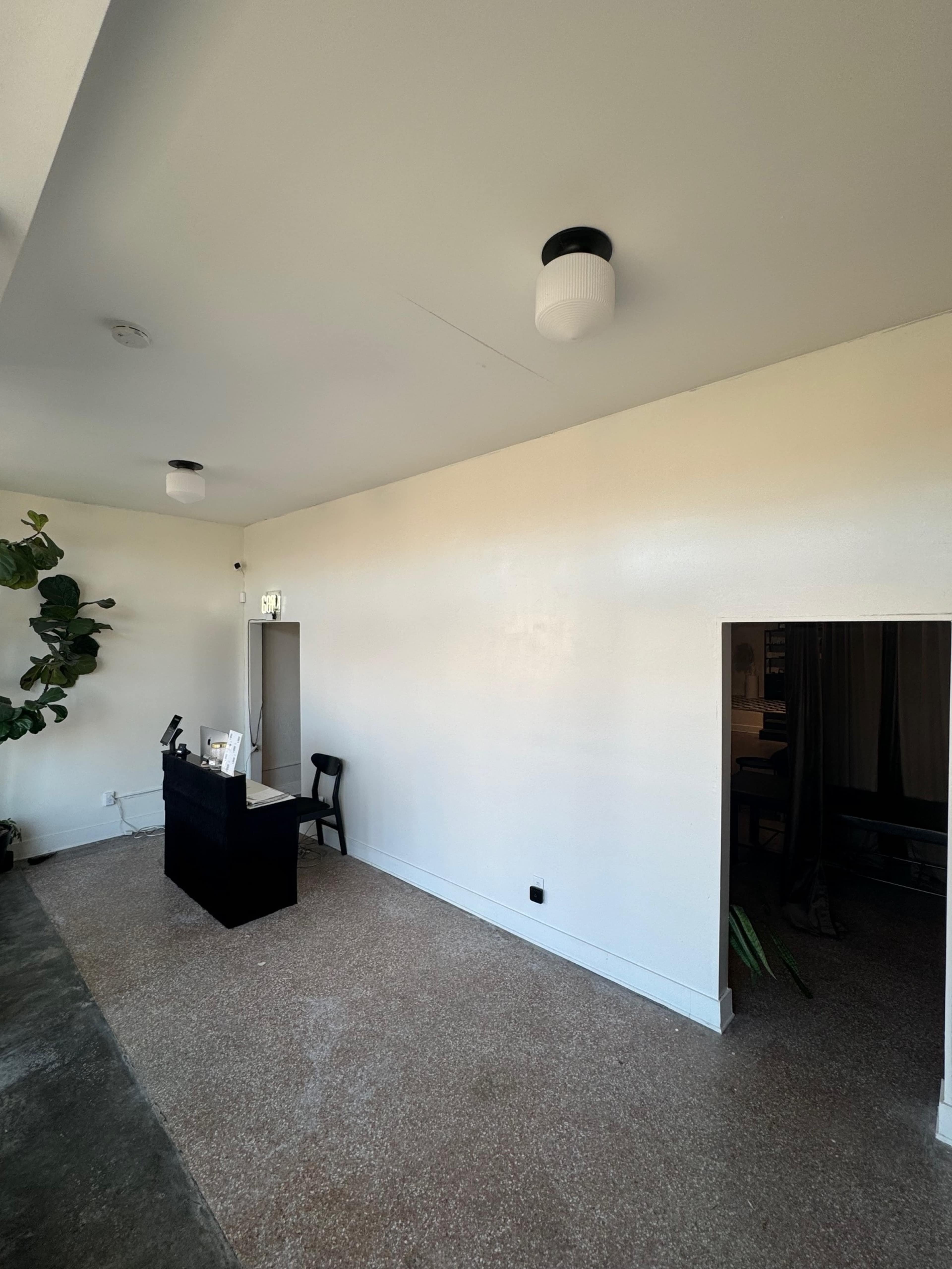 A minimalistic, empty interior space with a reception desk, a chair, and a potted plant along the wall.