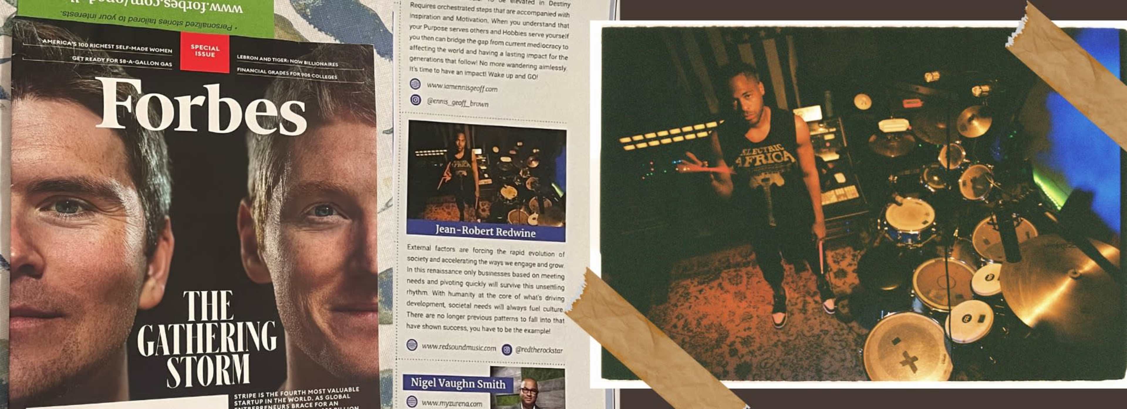 A Forbes magazine cover alongside a photo of a drummer in a studio setting, with a focus on an article page about music and culture.