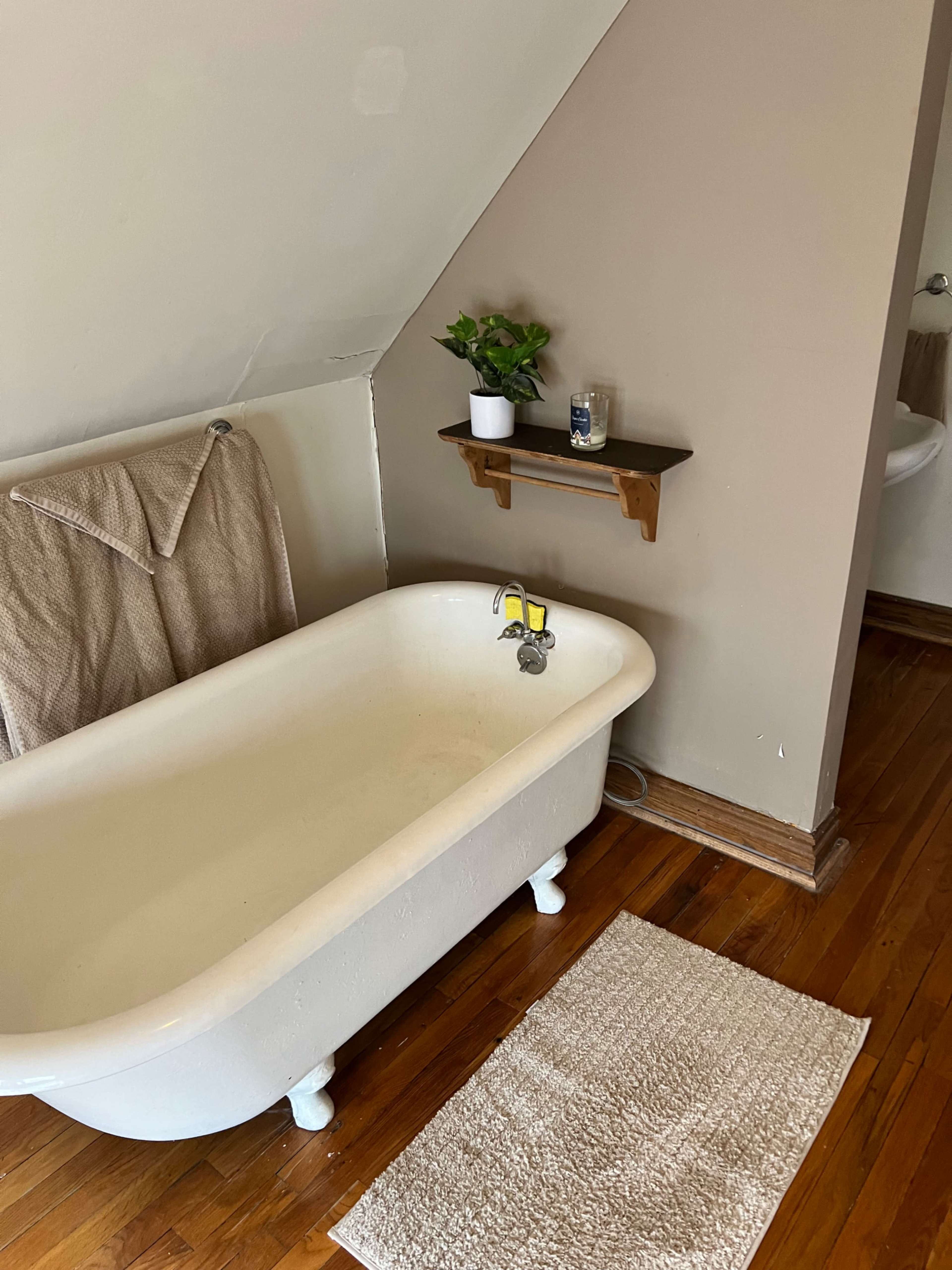 A vintage clawfoot bathtub is situated on wooden flooring next to a beige wall, with a small shelf holding a plant and a candle above it.
