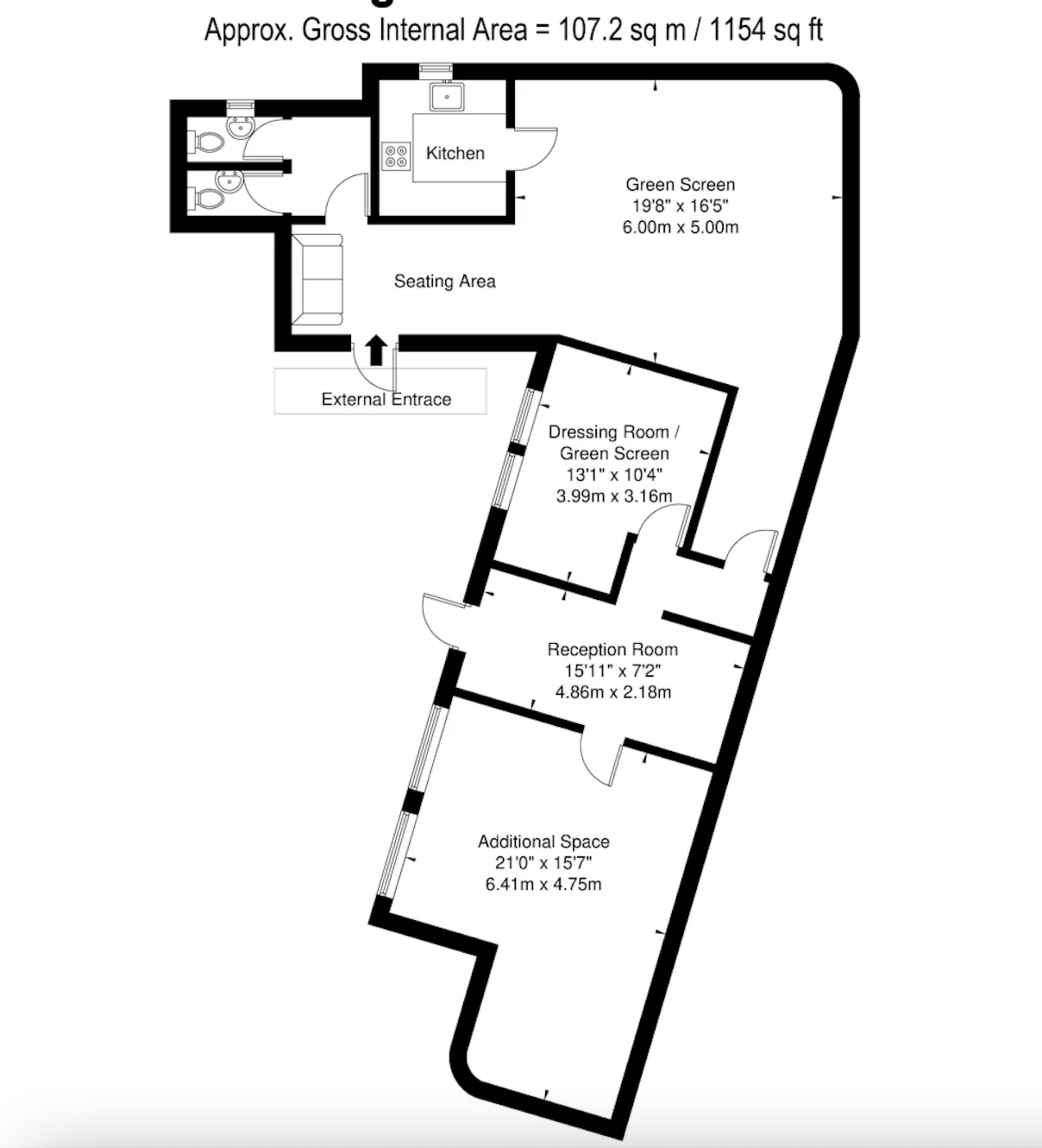 A floor plan of a building layout, including a kitchen, external entrance, and designated areas for a dressing room, reception room, and additional space.