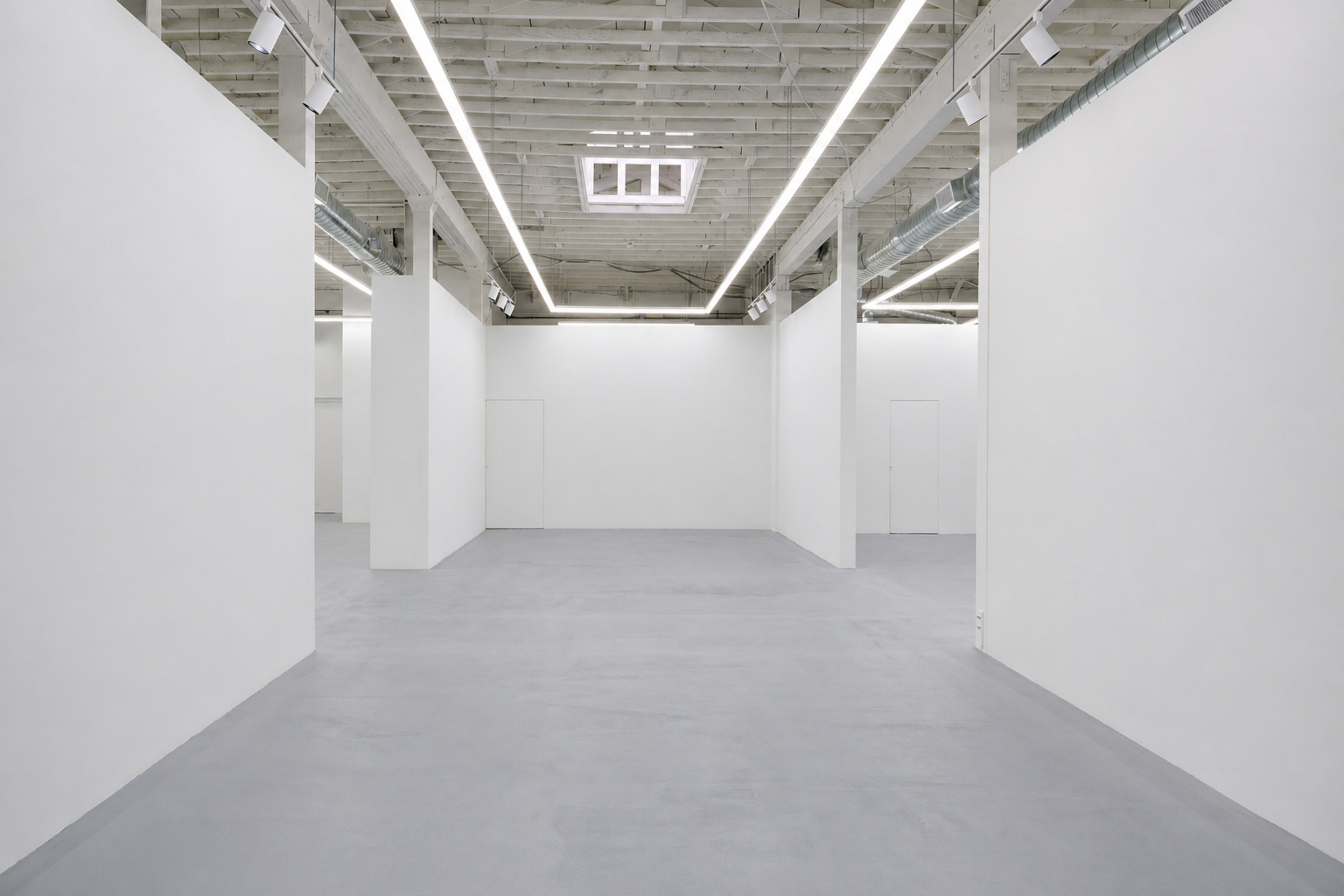 The image shows a spacious, minimalist gallery with white walls and a concrete floor, featuring several doorways and overhead lighting.