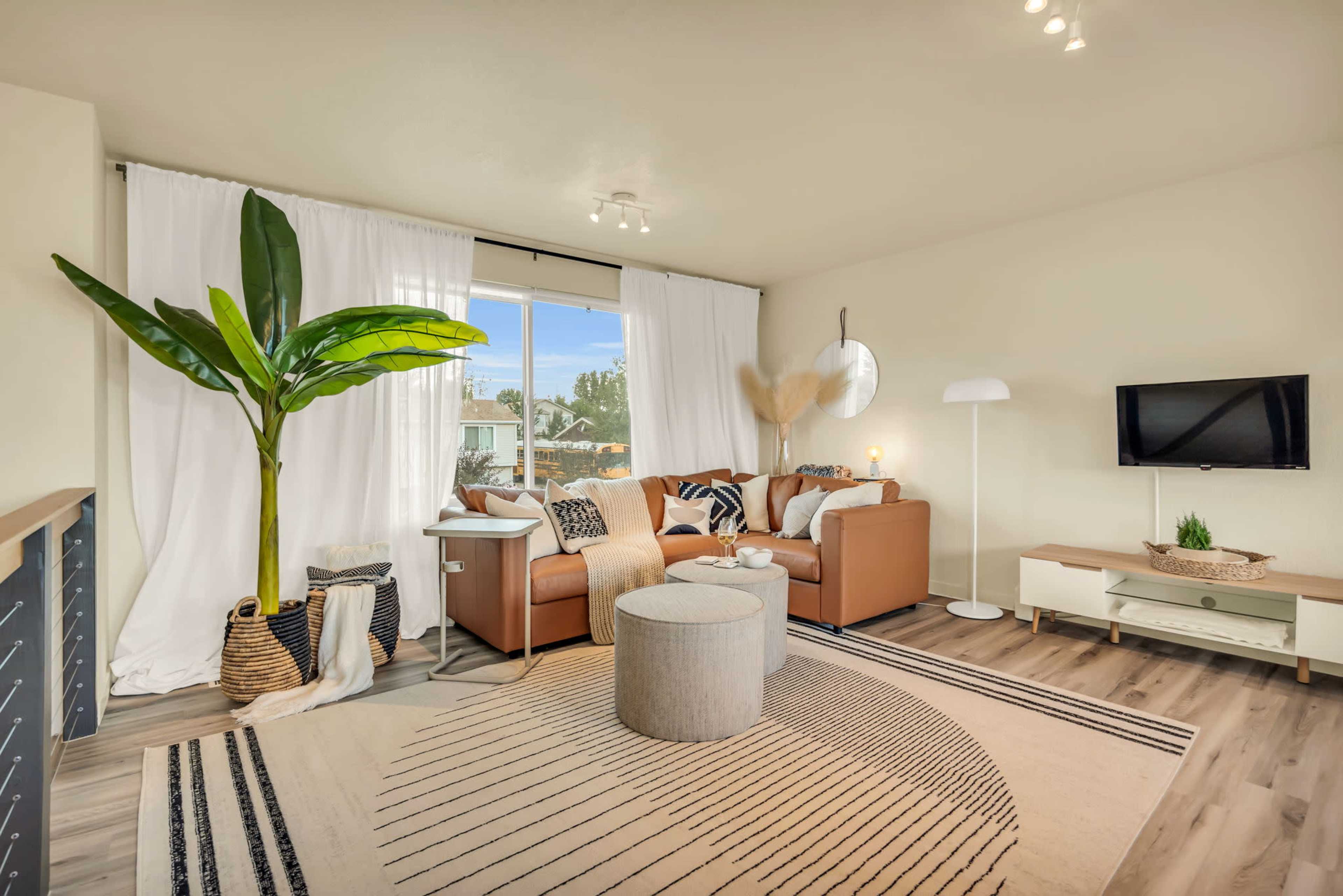 A modern living room with a tan leather sofa, a round coffee table, a large indoor plant, and a window adorned with white curtains, allowing natural light to fill the space.
