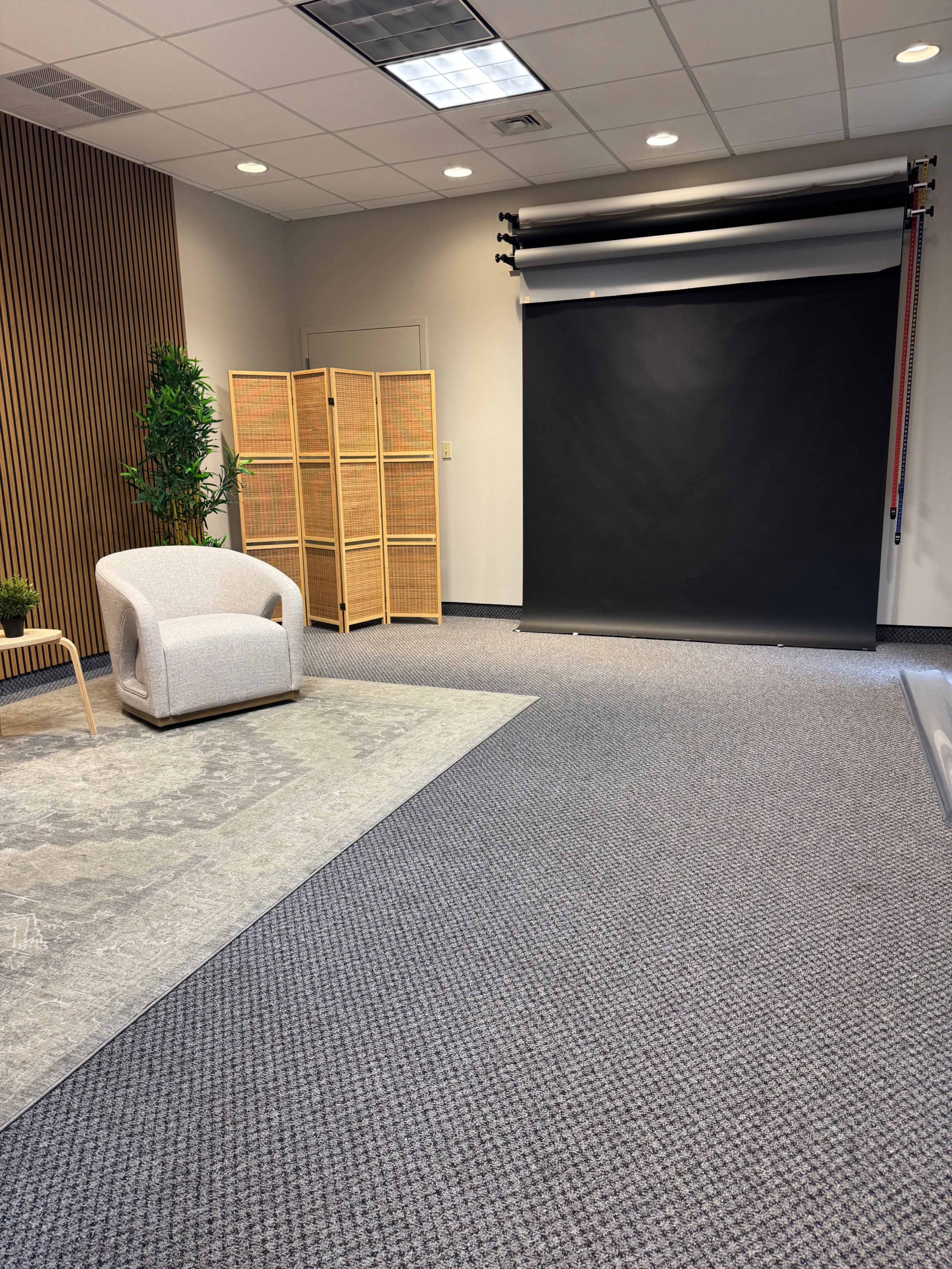 The image shows a spacious room with a gray carpet, a light beige chair, a folding screen, and a backdrop setup against a black wall.