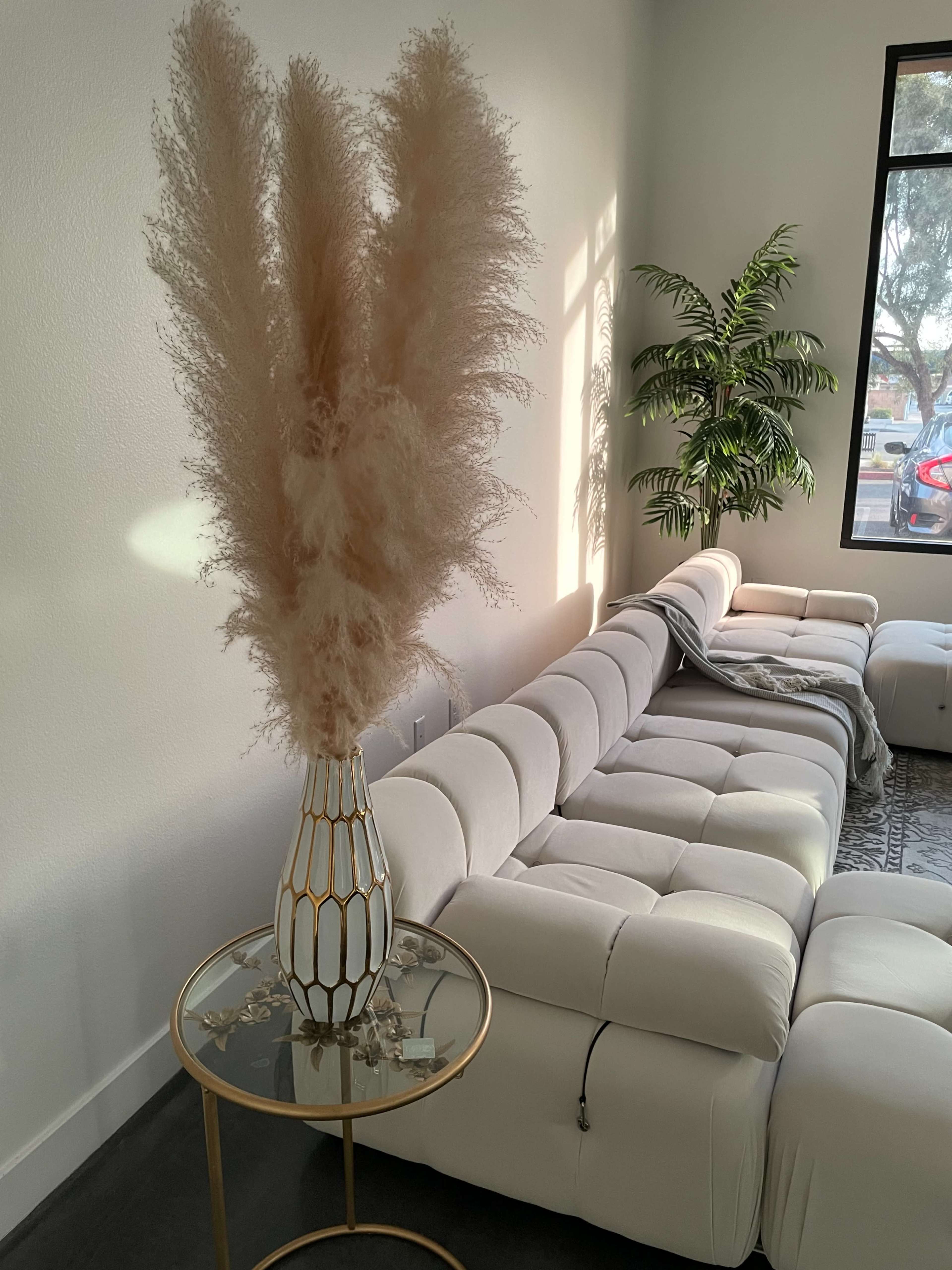 The image shows a modern living room with a beige tufted sectional sofa, a decorative glass table with a gold base, and a tall vase of dried pampas grass positioned near a potted palm plant.