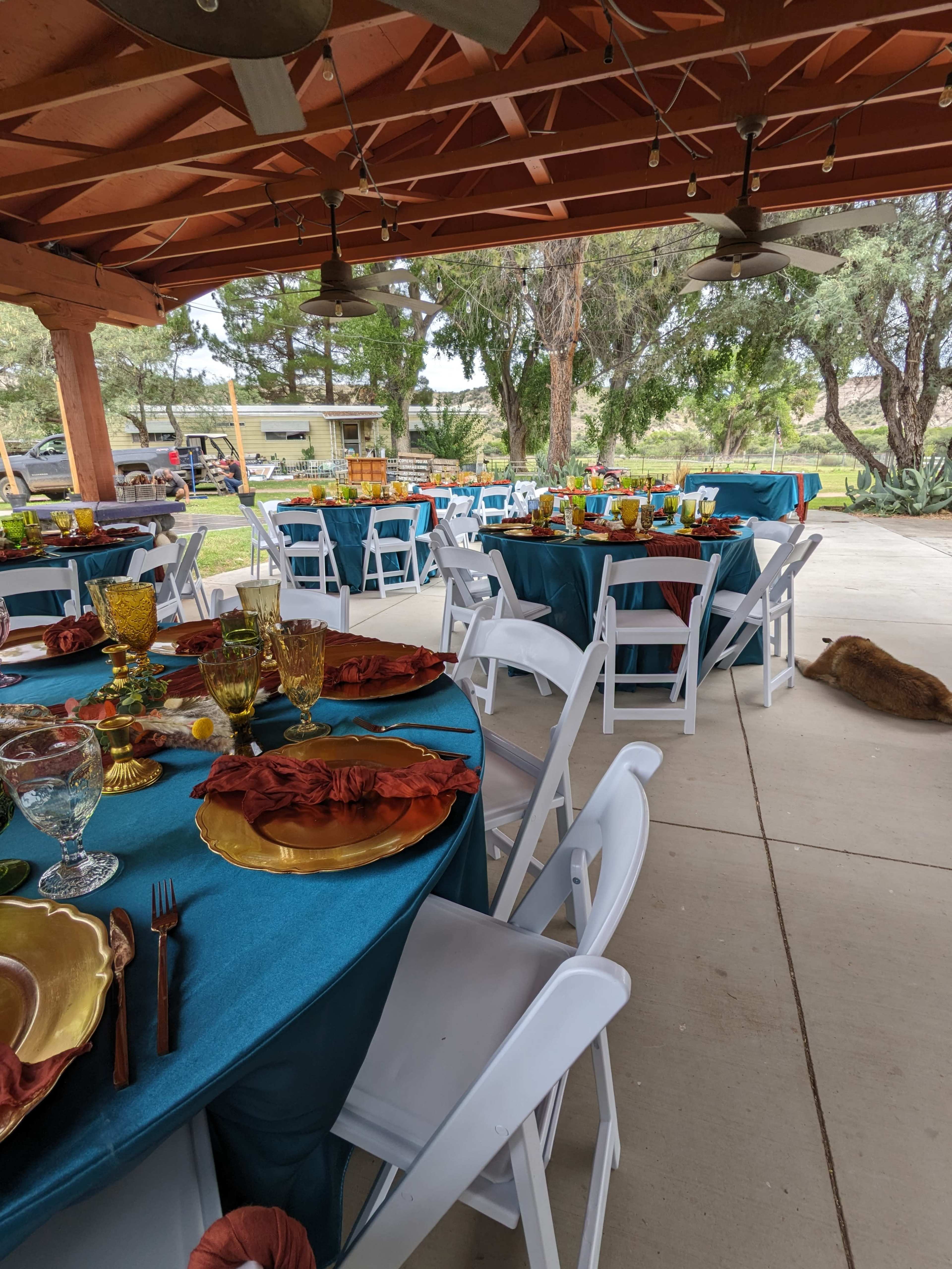 The scene shows a decorated outdoor dining area with tables set with colorful tablecloths, glassware, and plates, surrounded by trees and a patio structure.