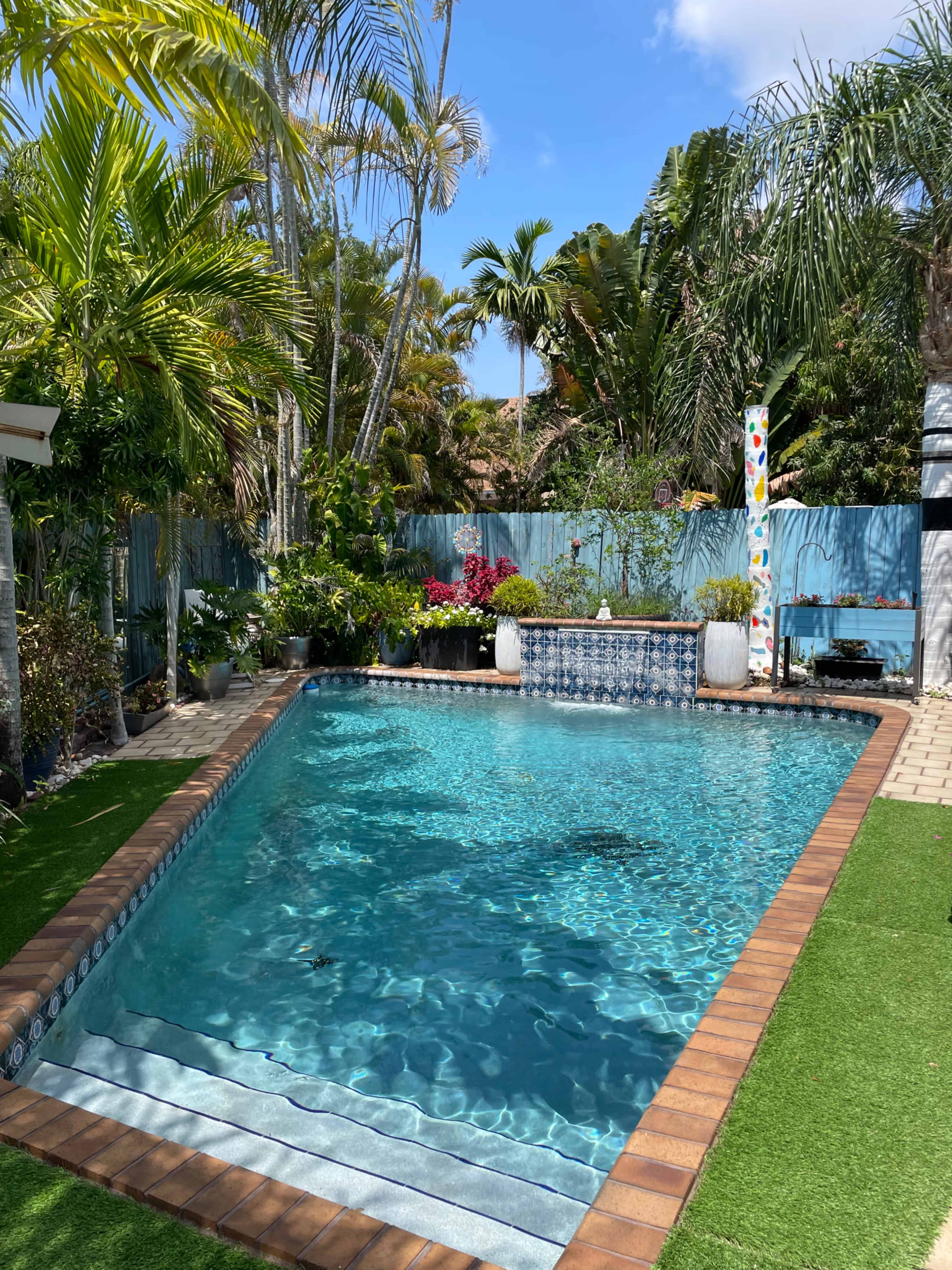 The image shows a clear swimming pool surrounded by tropical plants and colorful landscaping.