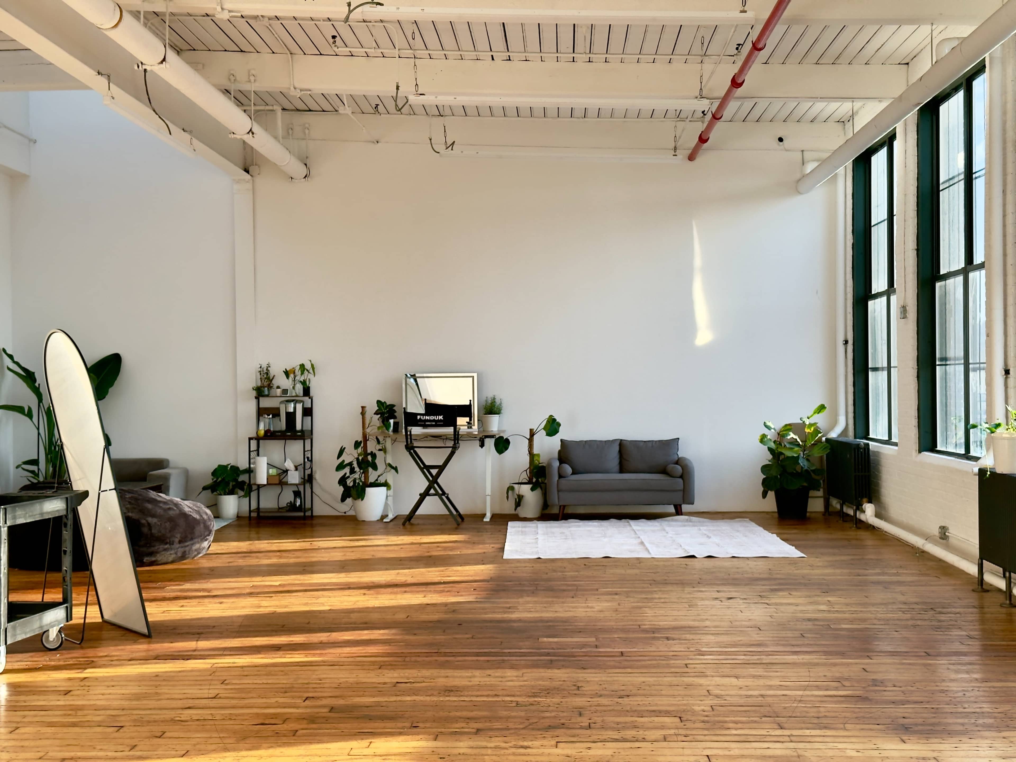 The image shows a spacious, brightly lit room with wooden flooring, a gray sofa, a small desk with a mirror, and several potted plants.