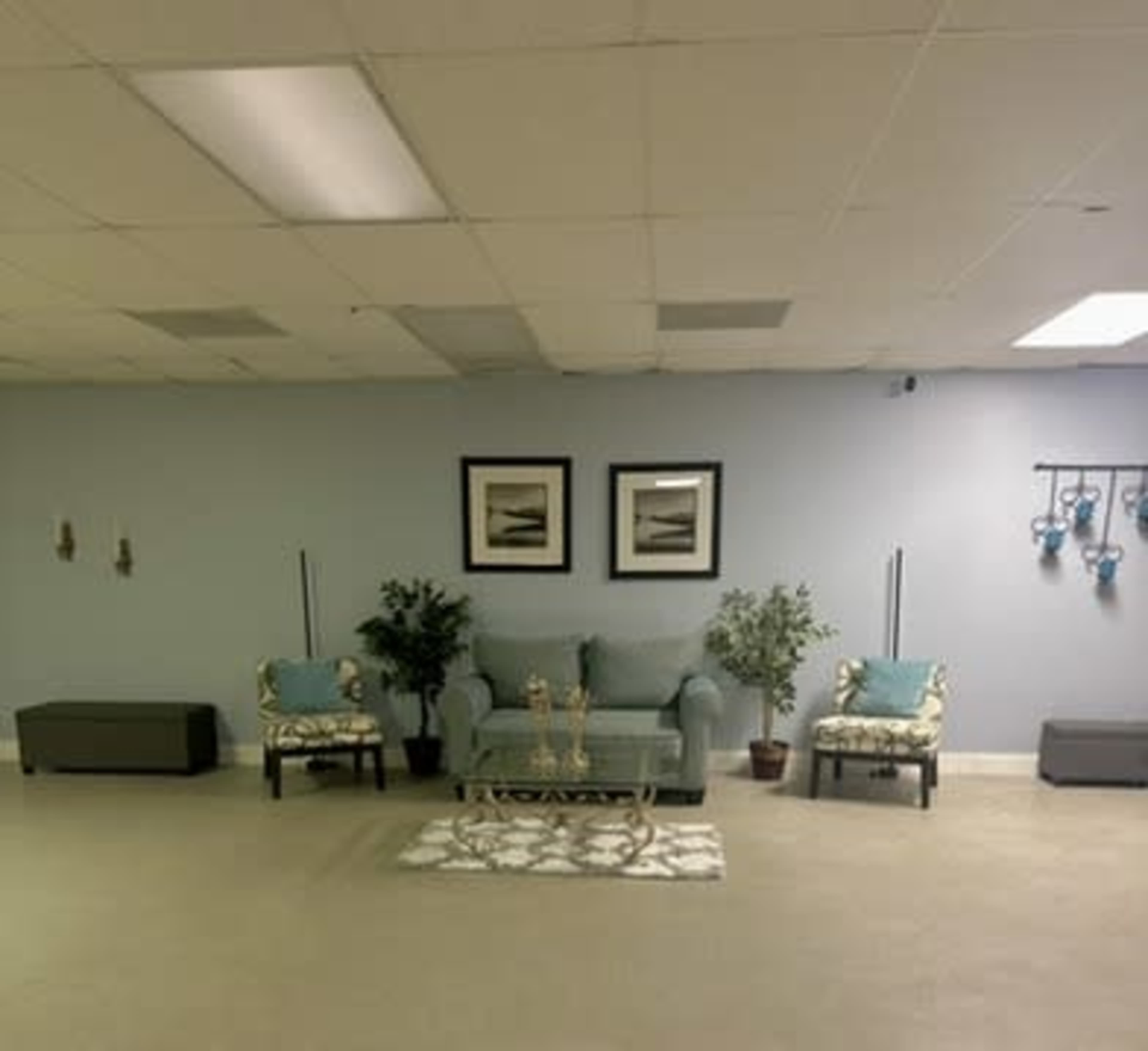 The image shows a simple waiting area with a light blue wall, a light blue sofa, two patterned chairs, a glass coffee table, and decorative plants.