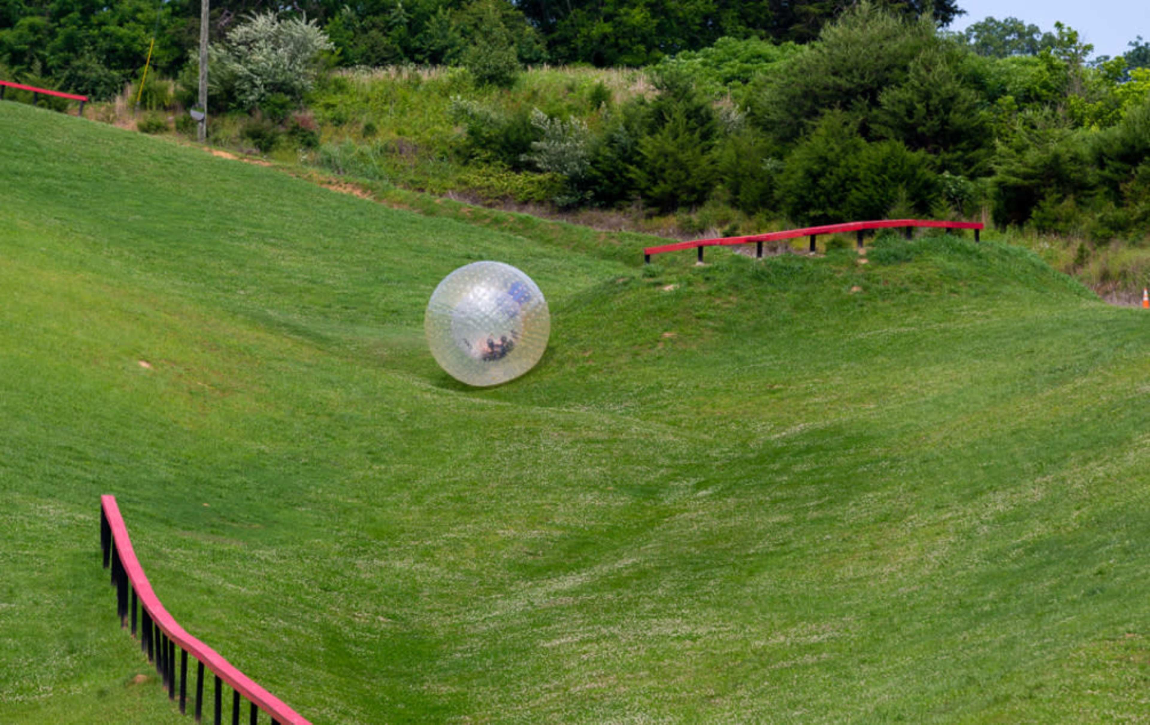 A person inside a large inflatable ball rolls down a grassy hill surrounded by trees and a red railing.