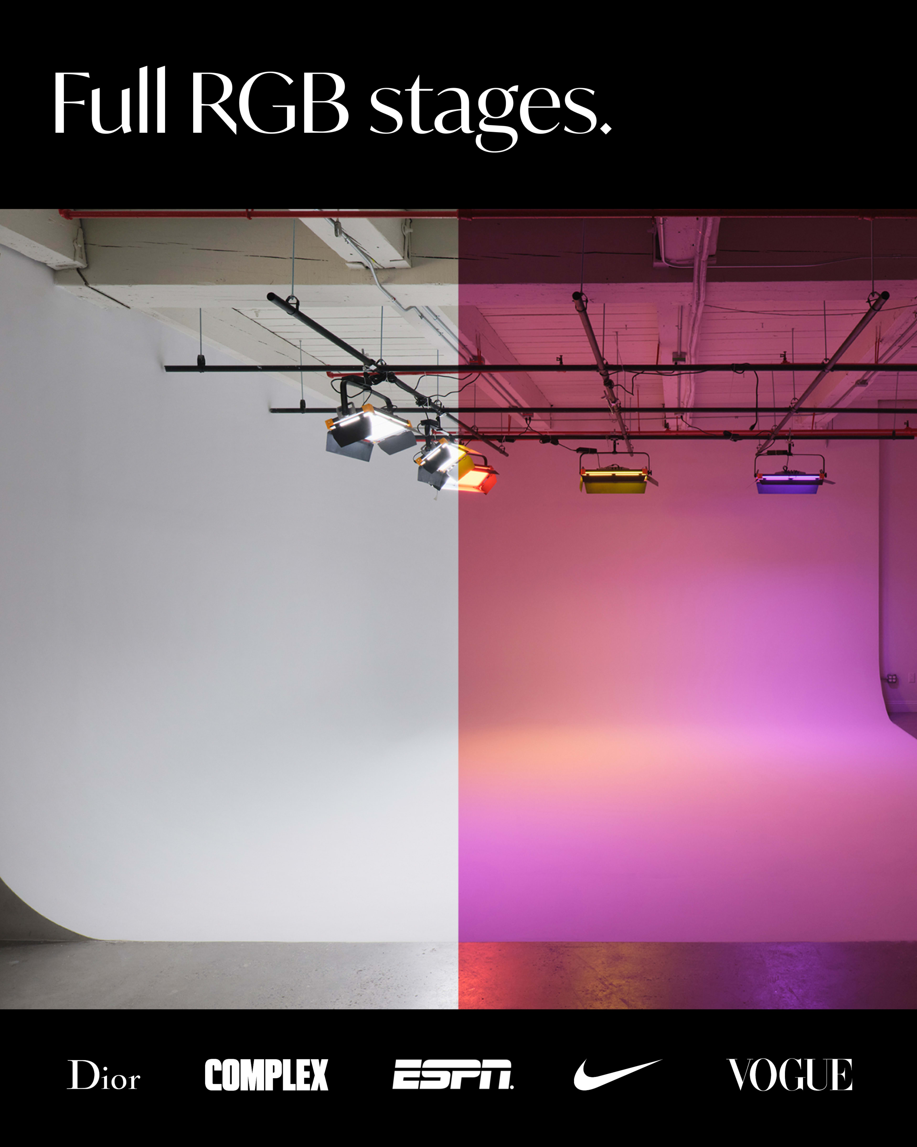 The image shows two distinct stages in a studio, one with a white backdrop and the other illuminated with purple and colored lights, showcasing a contrasting visual setup.