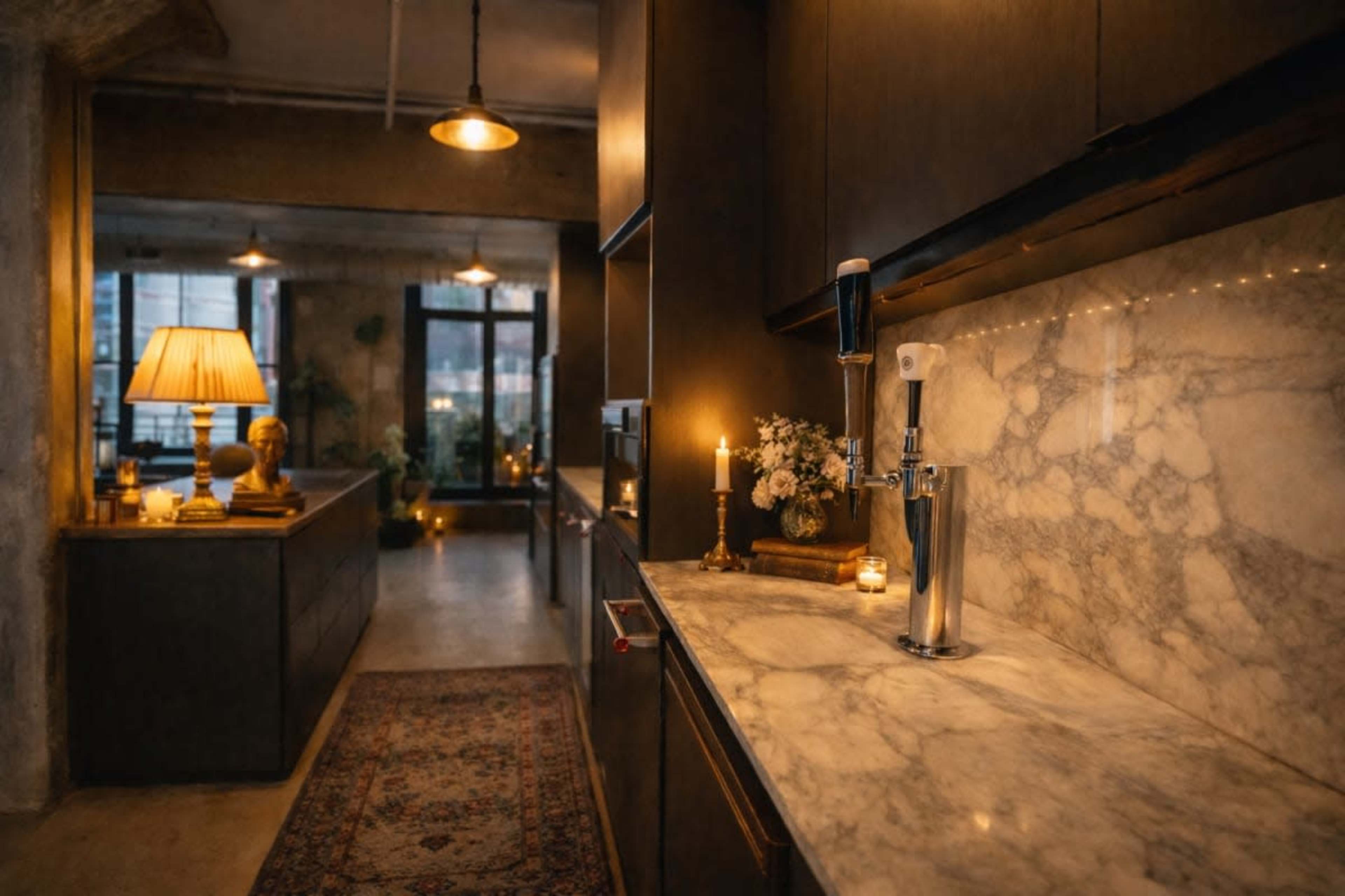 The image shows a modern kitchen with a marble countertop, featuring a beer tap, candles, and decorative items in a dimly lit setting.