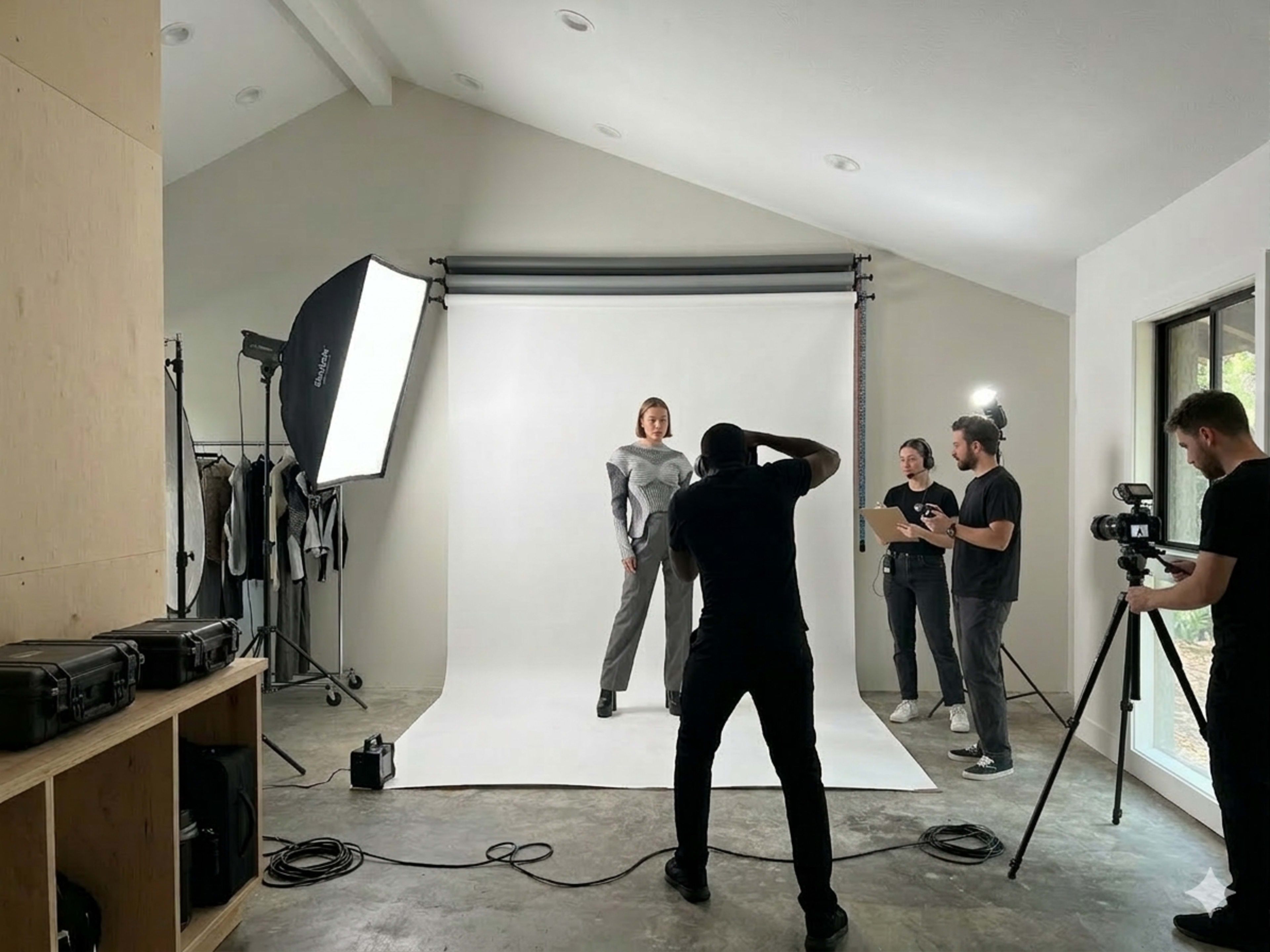 A model poses in front of a white backdrop while a photographer captures the shot and a team assists with lighting and direction.