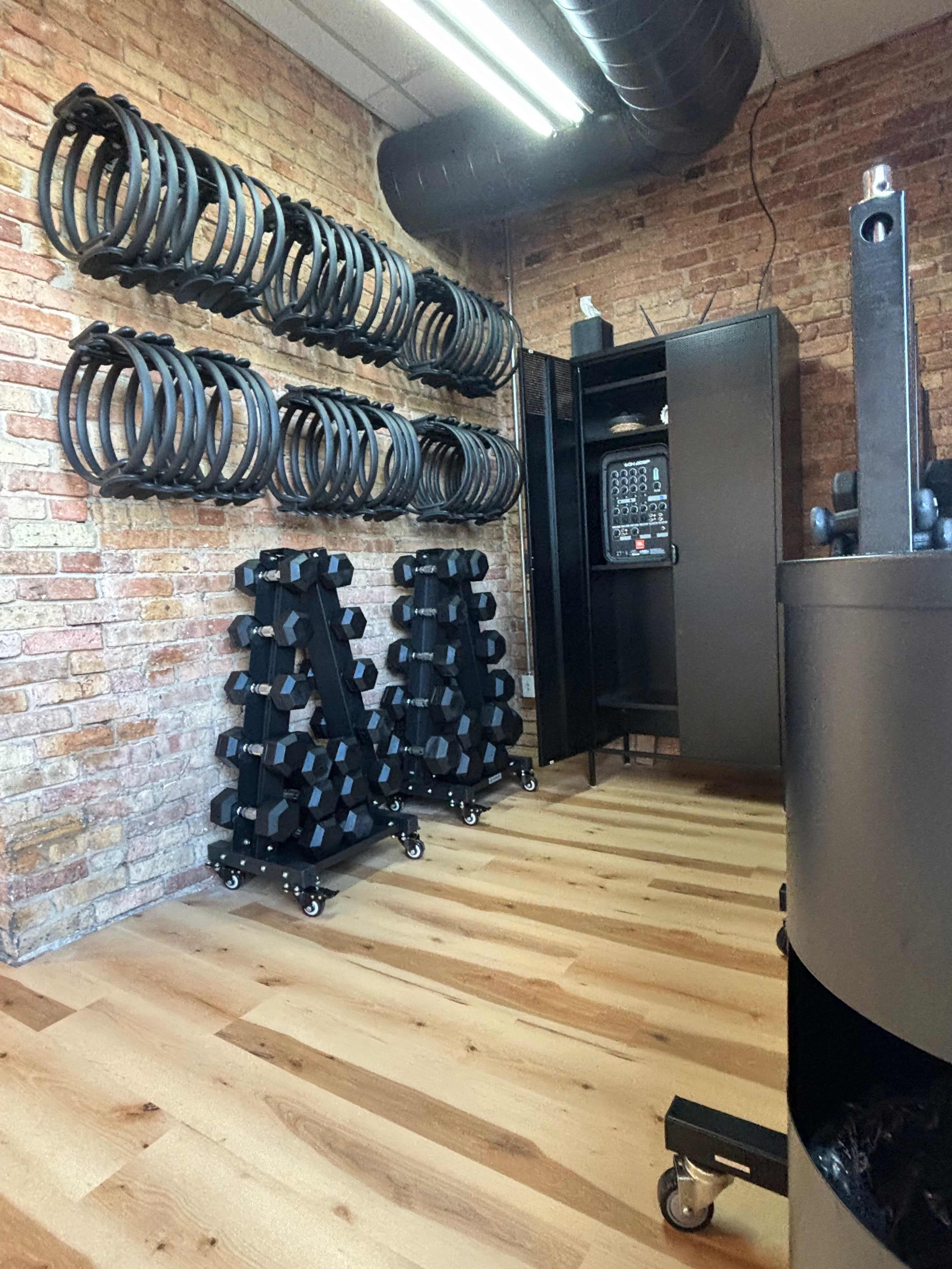 Beautiful timber loft fitness studio with equipment, skyline view and outdoor space. Image in Near North Side, Chicago, IL