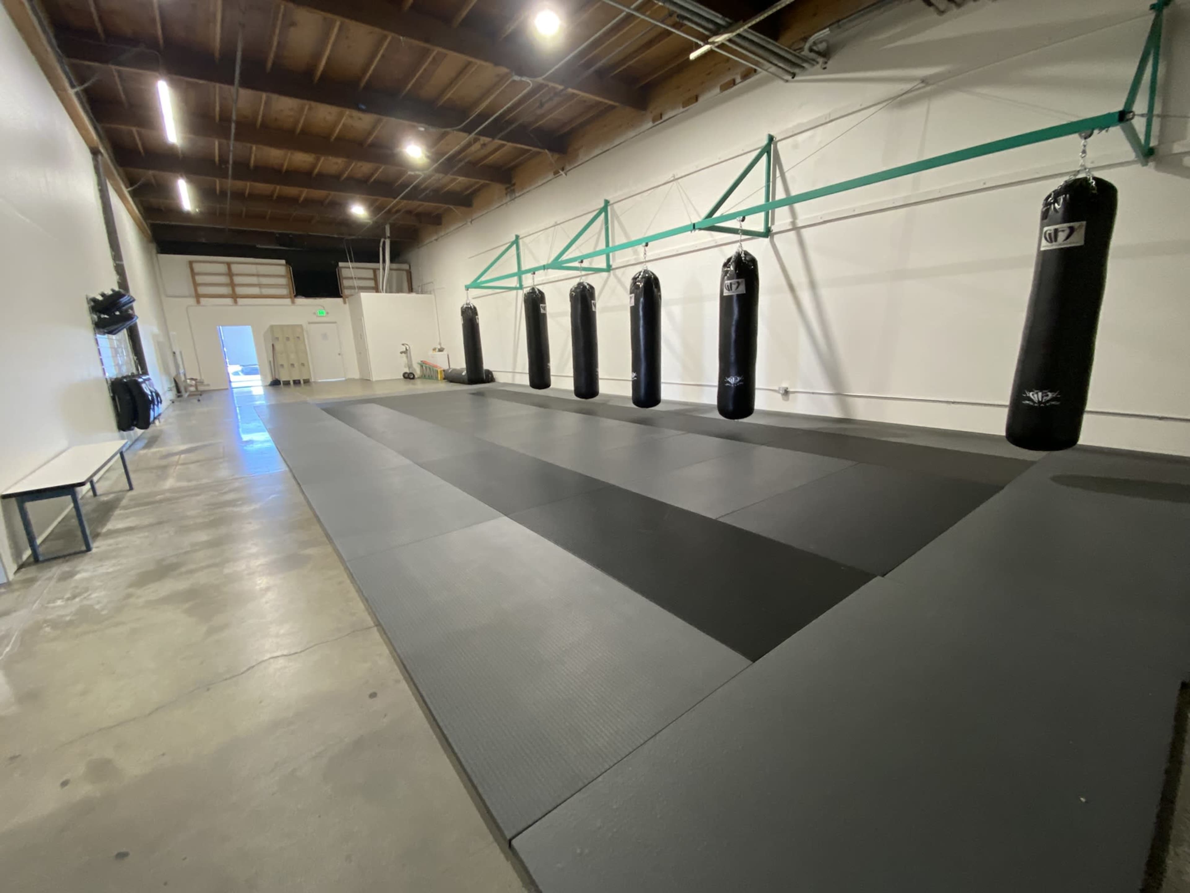 An empty martial arts training facility with several hanging punching bags and a padded mat area.
