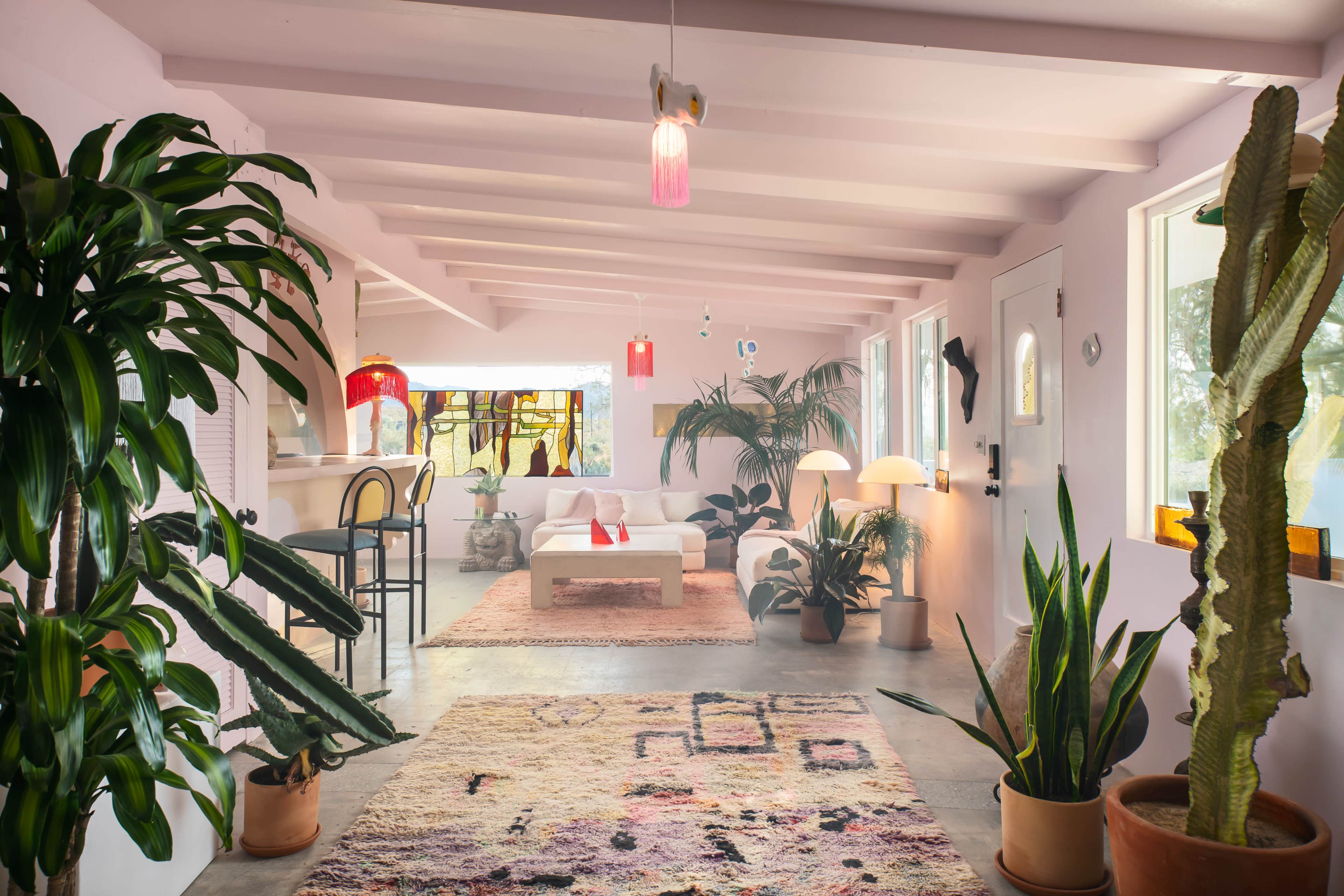 A spacious, brightly lit living area features various houseplants, a large area rug, a coffee table, and multiple light fixtures, with a view towards an adjoining kitchen.