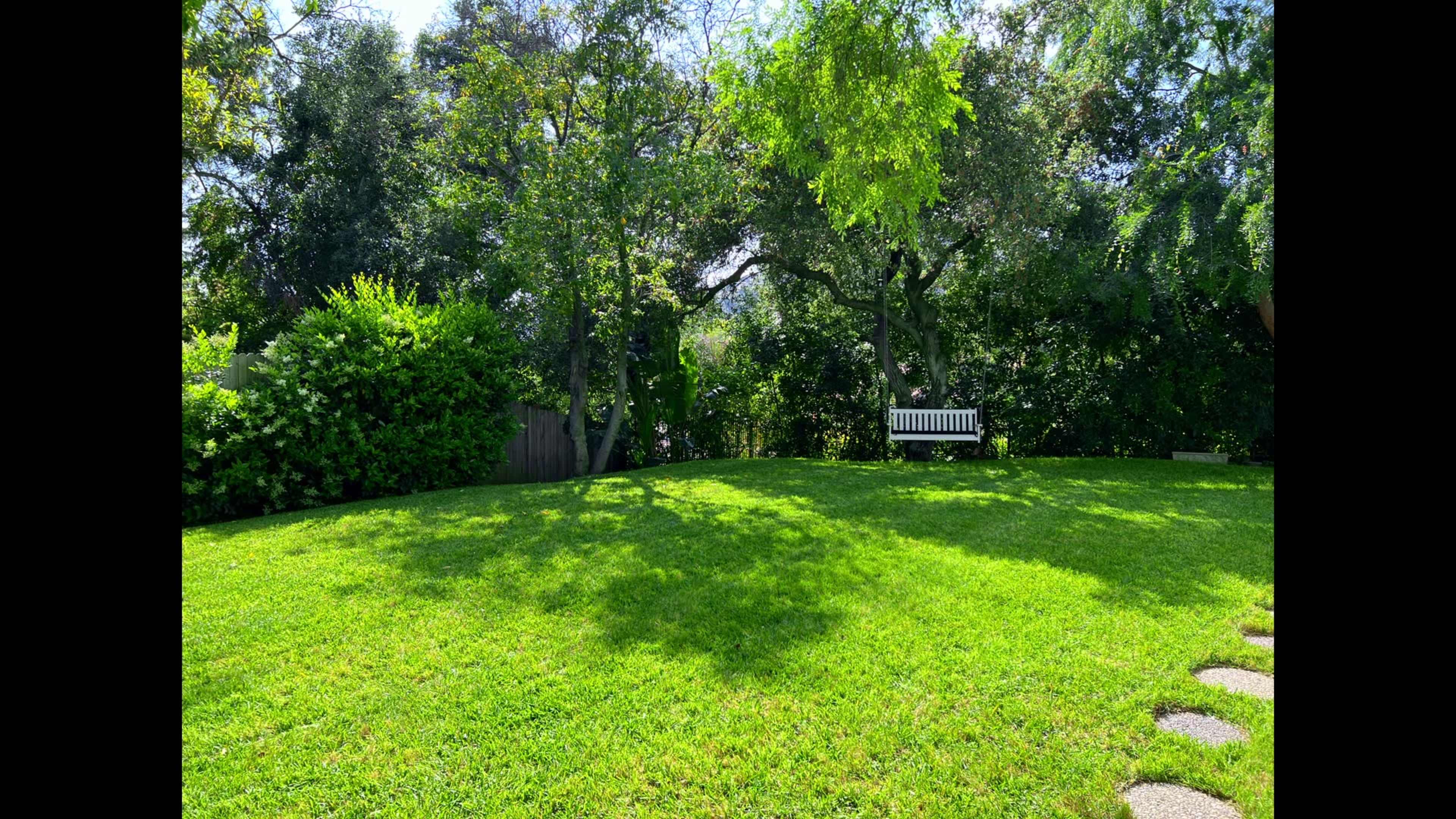 A well-manicured lawn slopes gently upwards, featuring a wooden bench beneath the trees, surrounded by lush greenery.