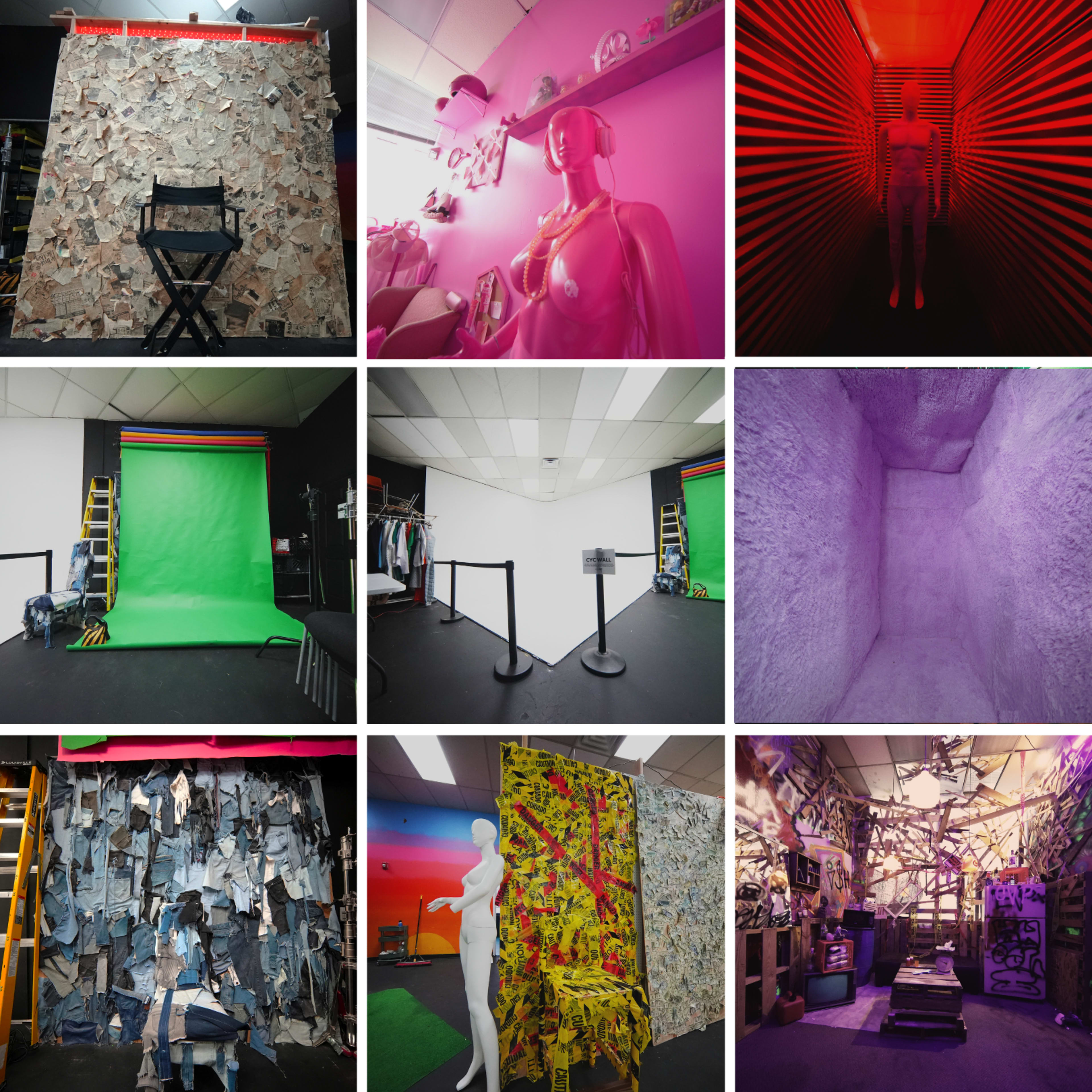 A collage of various artistic and colorful studio scenes featuring a range of backgrounds, props, and mannequins set up for photography or video production.