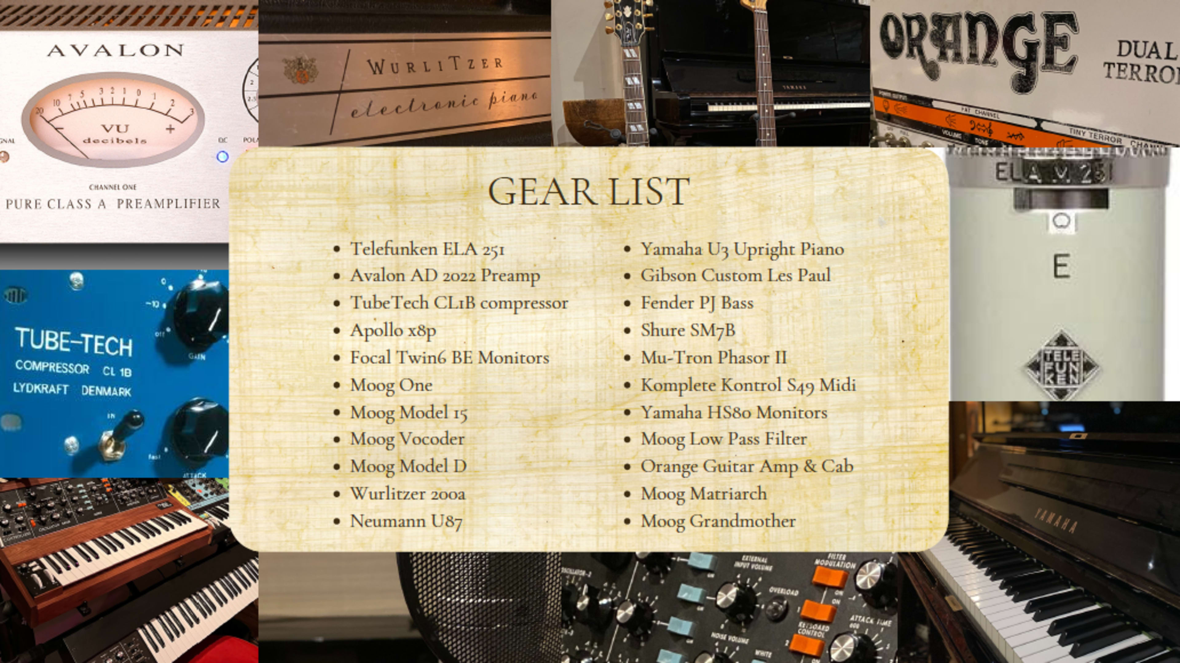 A collage of musical equipment and gear, including various brands and models of audio equipment, instruments, and studio monitors.