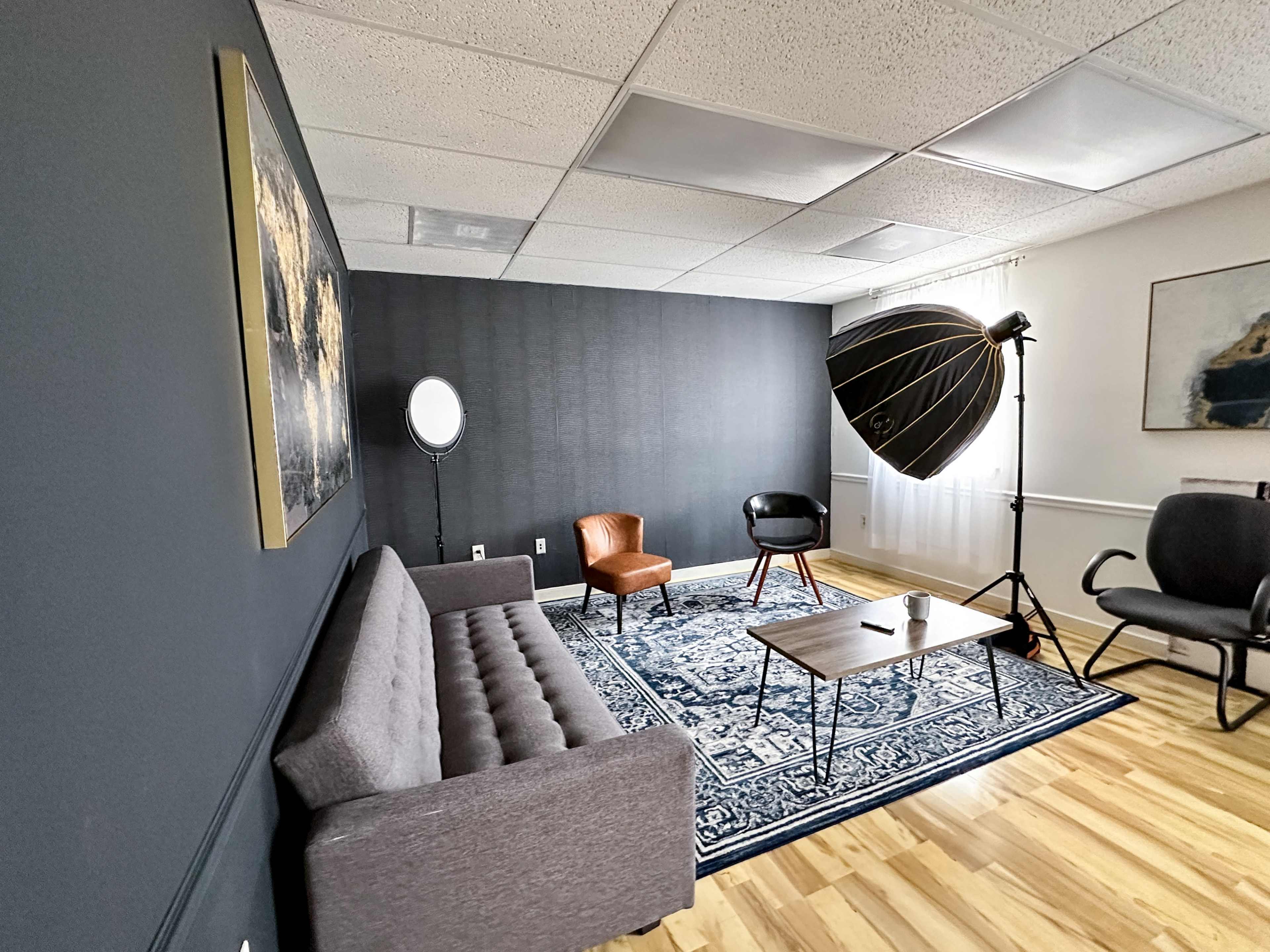 A furnished room features a gray sofa, a wooden coffee table, an armchair, and a large lighting umbrella, with a blue area rug on the wooden floor.