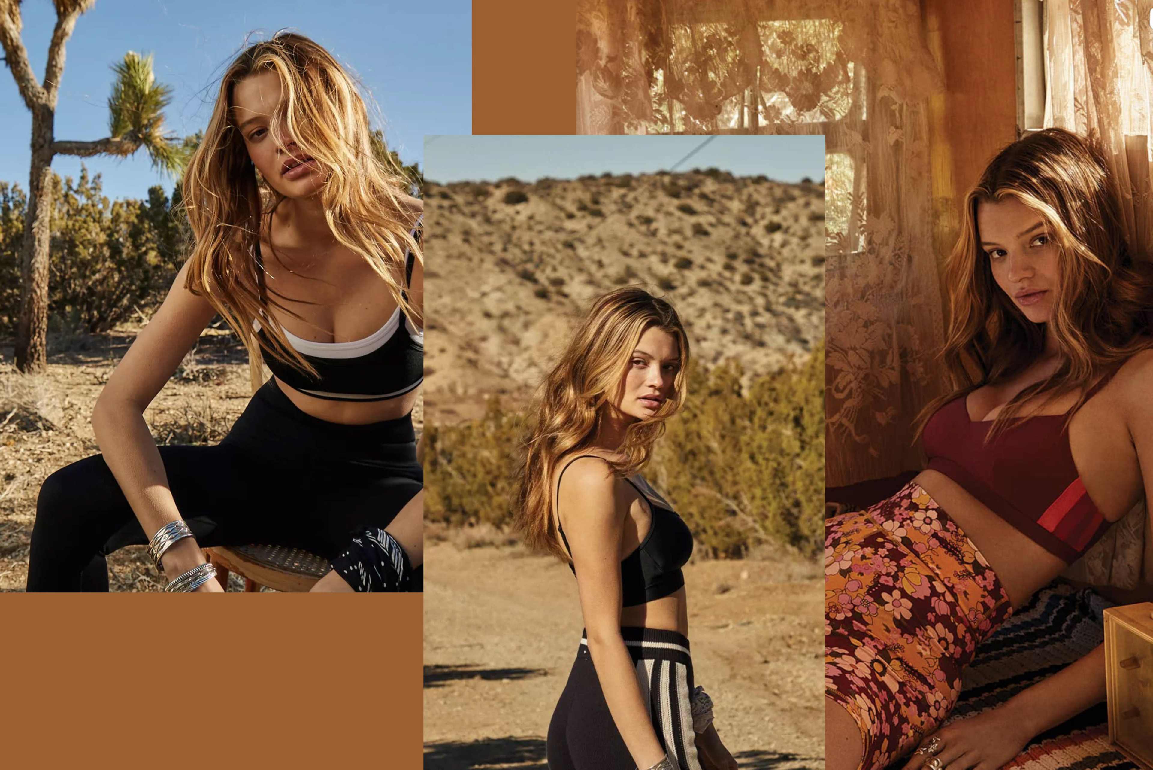 A young woman posing in a desert landscape and an interior space, wearing various outfits that highlight her style.