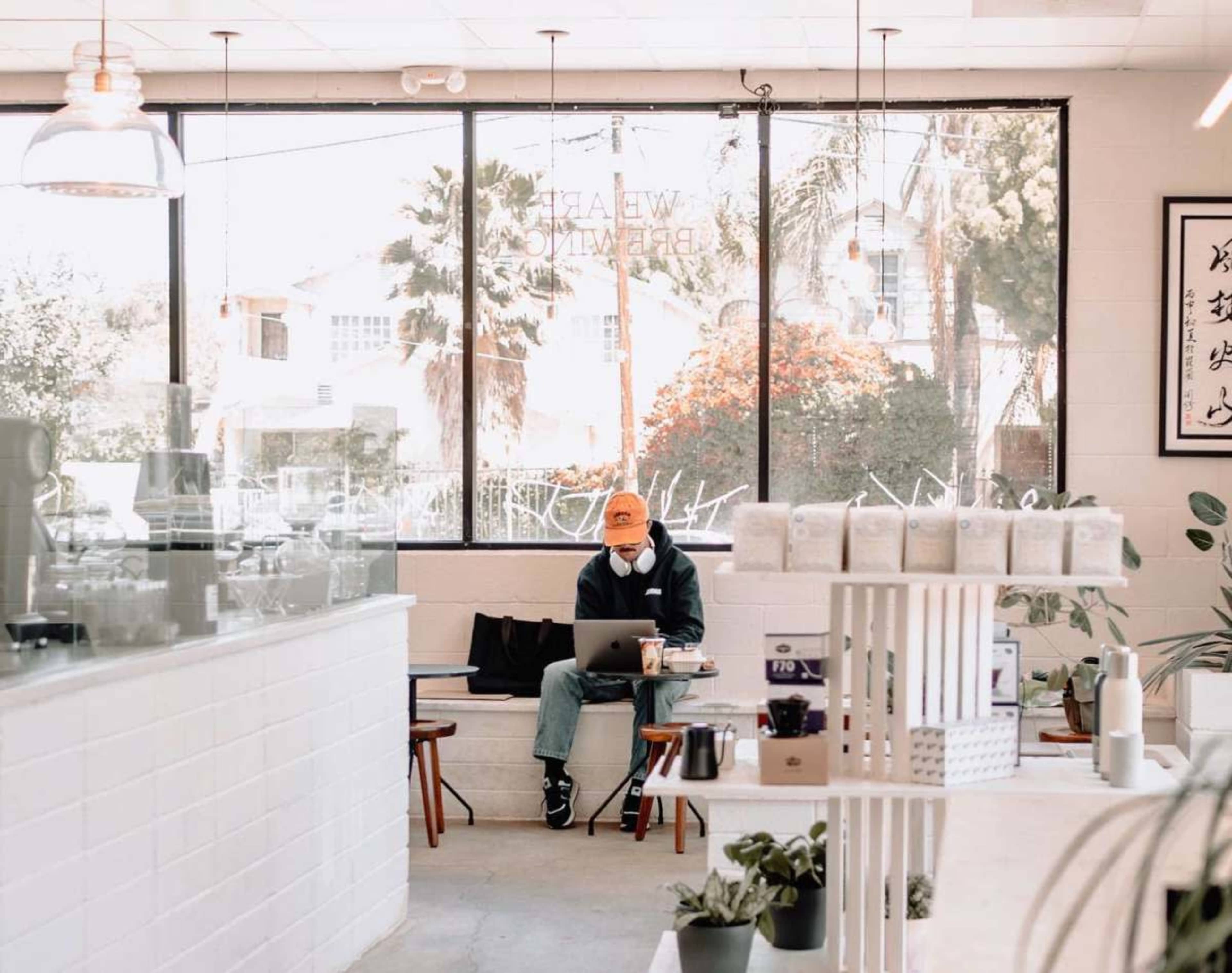 A man sits at a table in a bright café, working on a laptop with a coffee cup beside him.