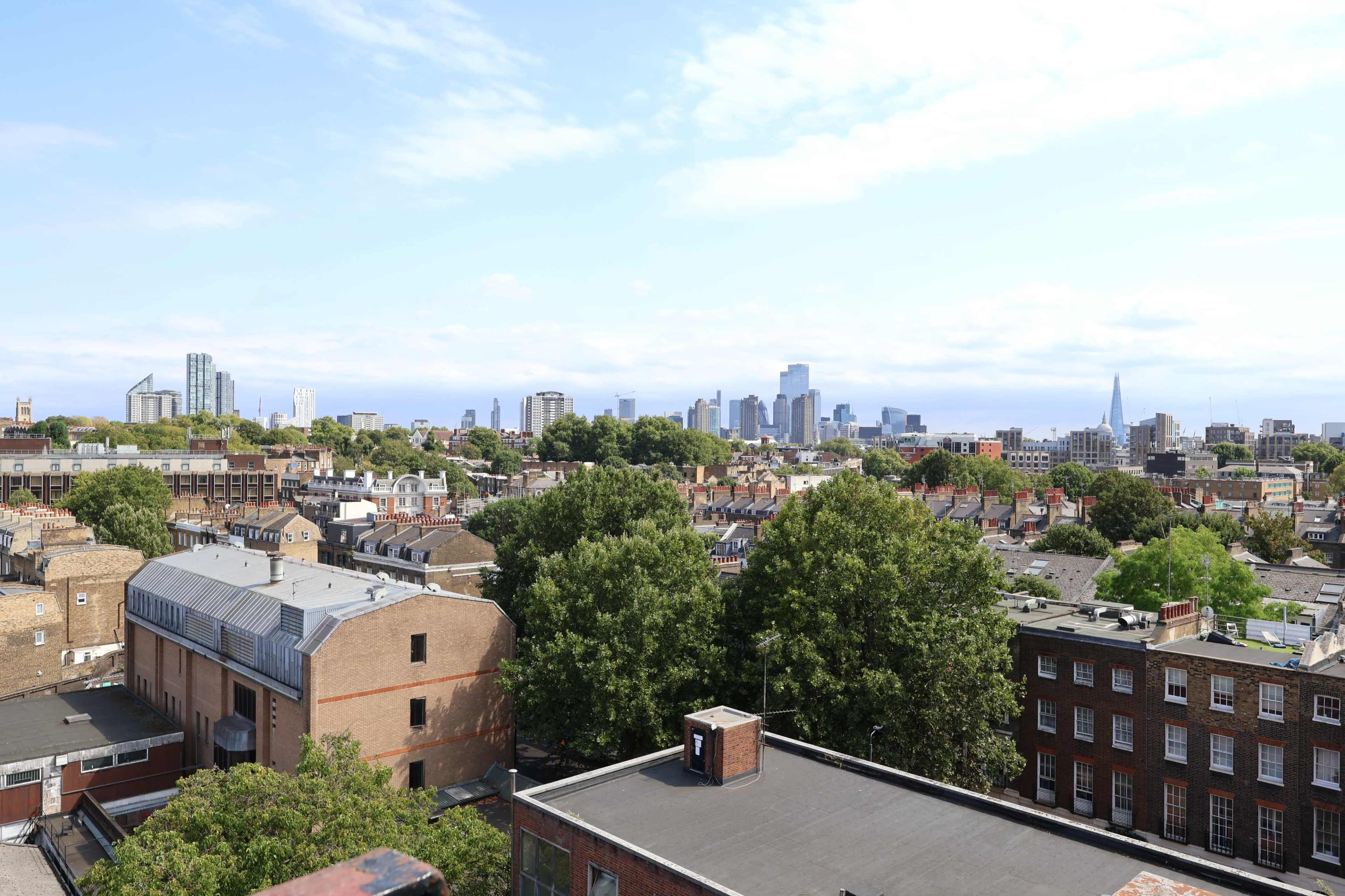 A panoramic view of a city skyline is visible above a landscape of residential rooftops and green trees.