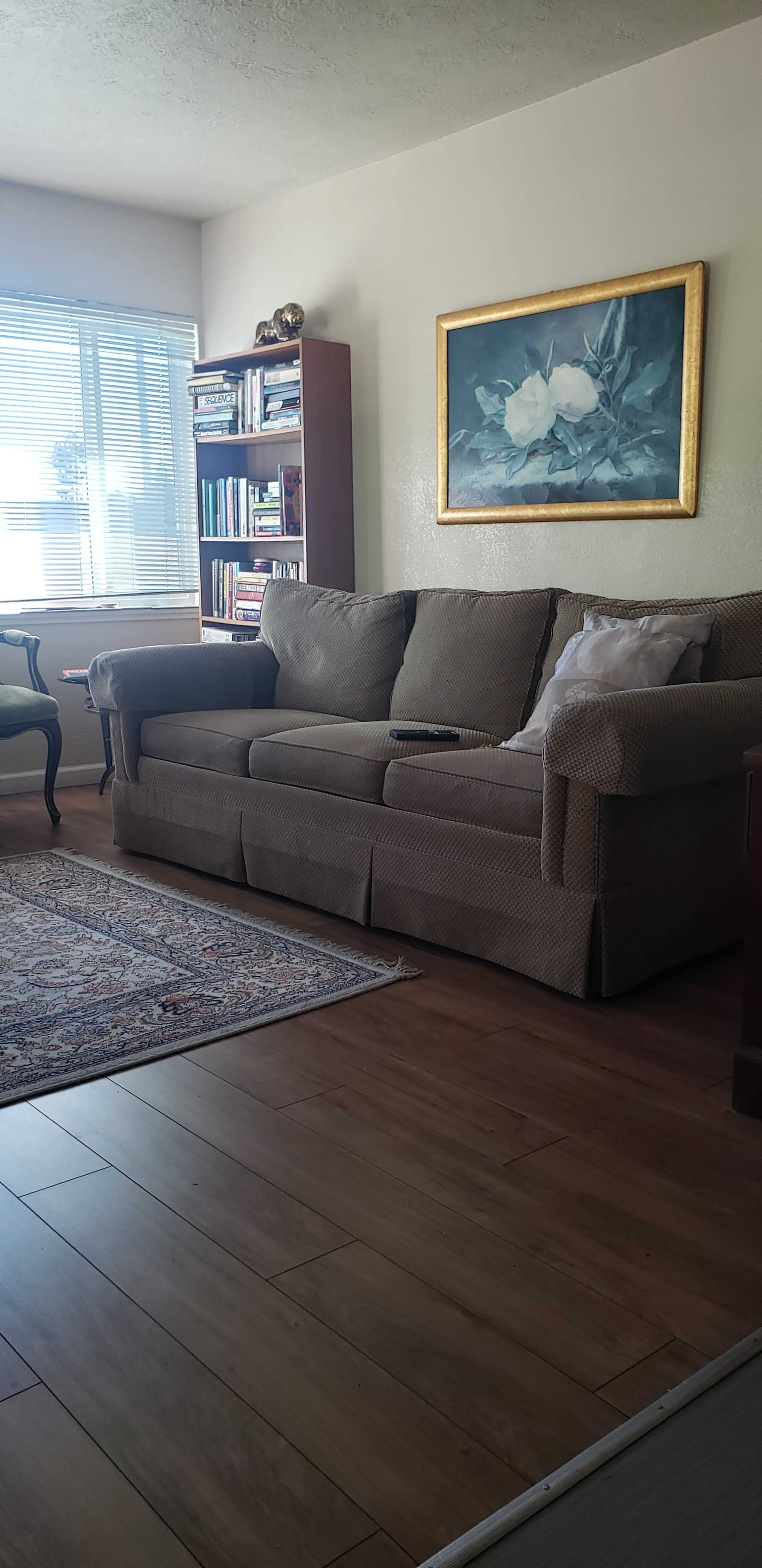 The image shows a living room with a beige couch, a bookshelf filled with books, and a floral painting on the wall.