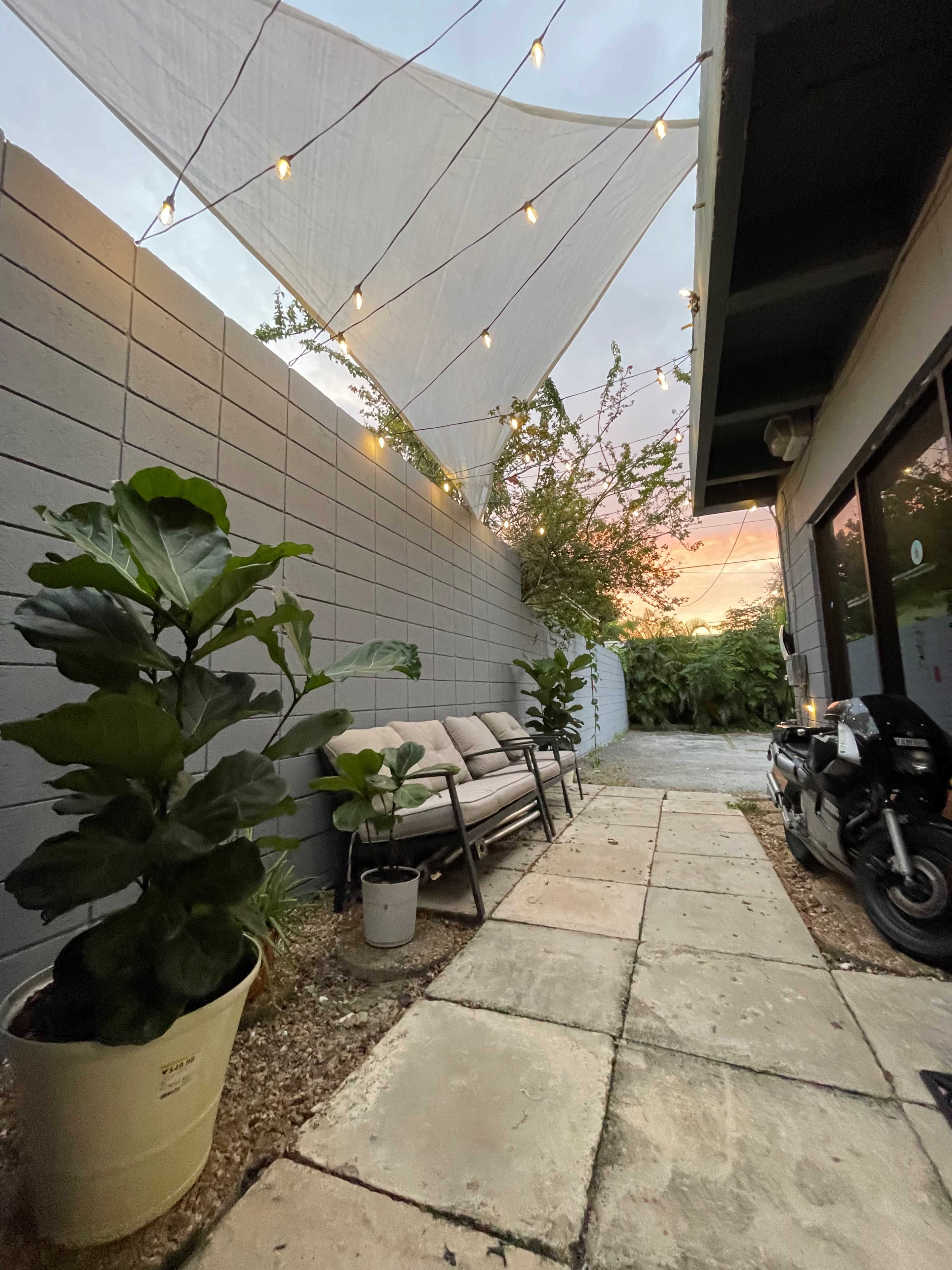 A narrow pathway lined with potted plants leads to a sunset view, sheltered by a canopy and adorned with string lights.