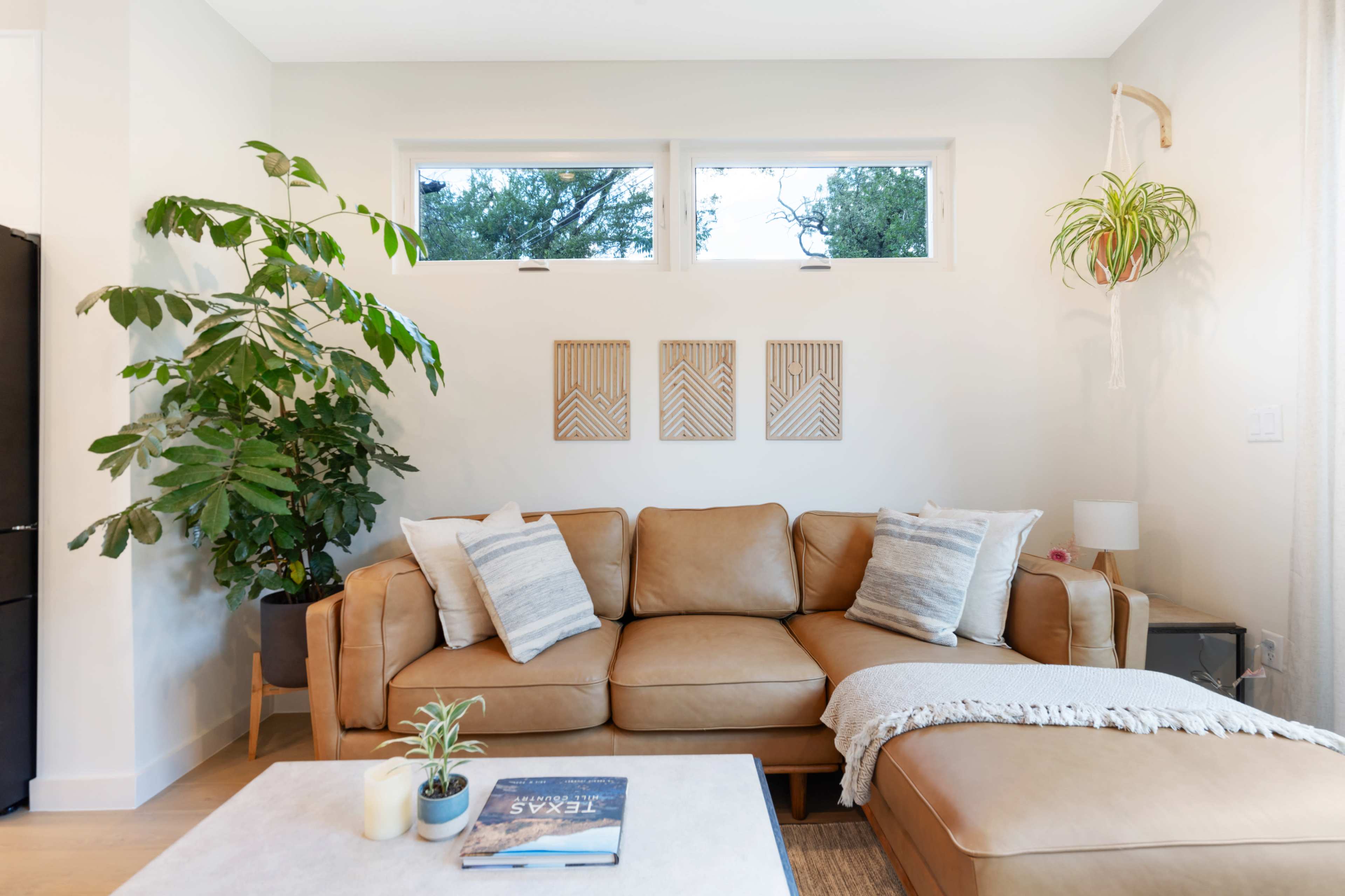 A modern living room features a leather sofa, decorative wall art, a large indoor plant, and natural light coming through three windows.