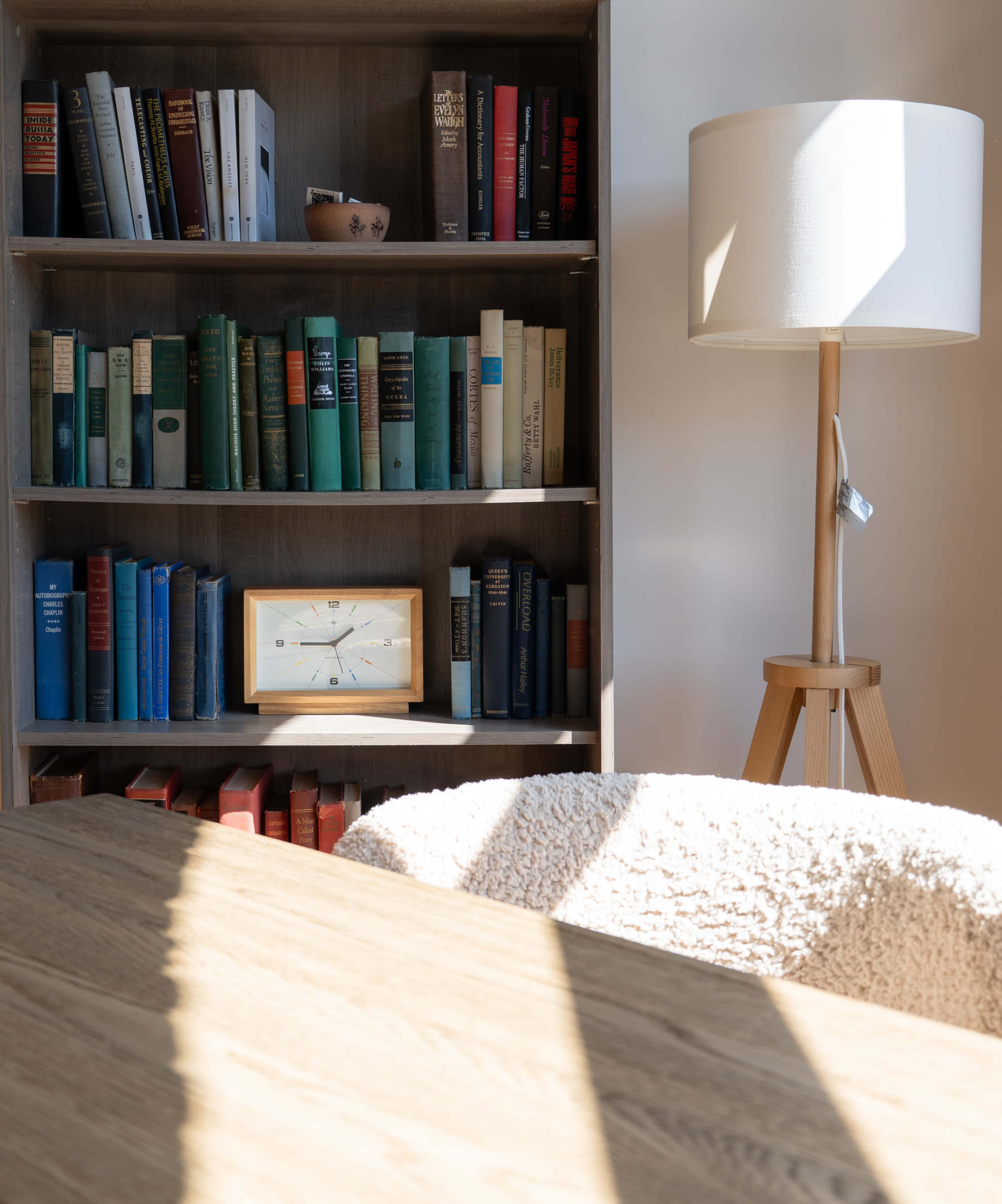 The image shows a bookshelf filled with various colored books, a framed picture on a shelf, and a lamp beside a wooden table.