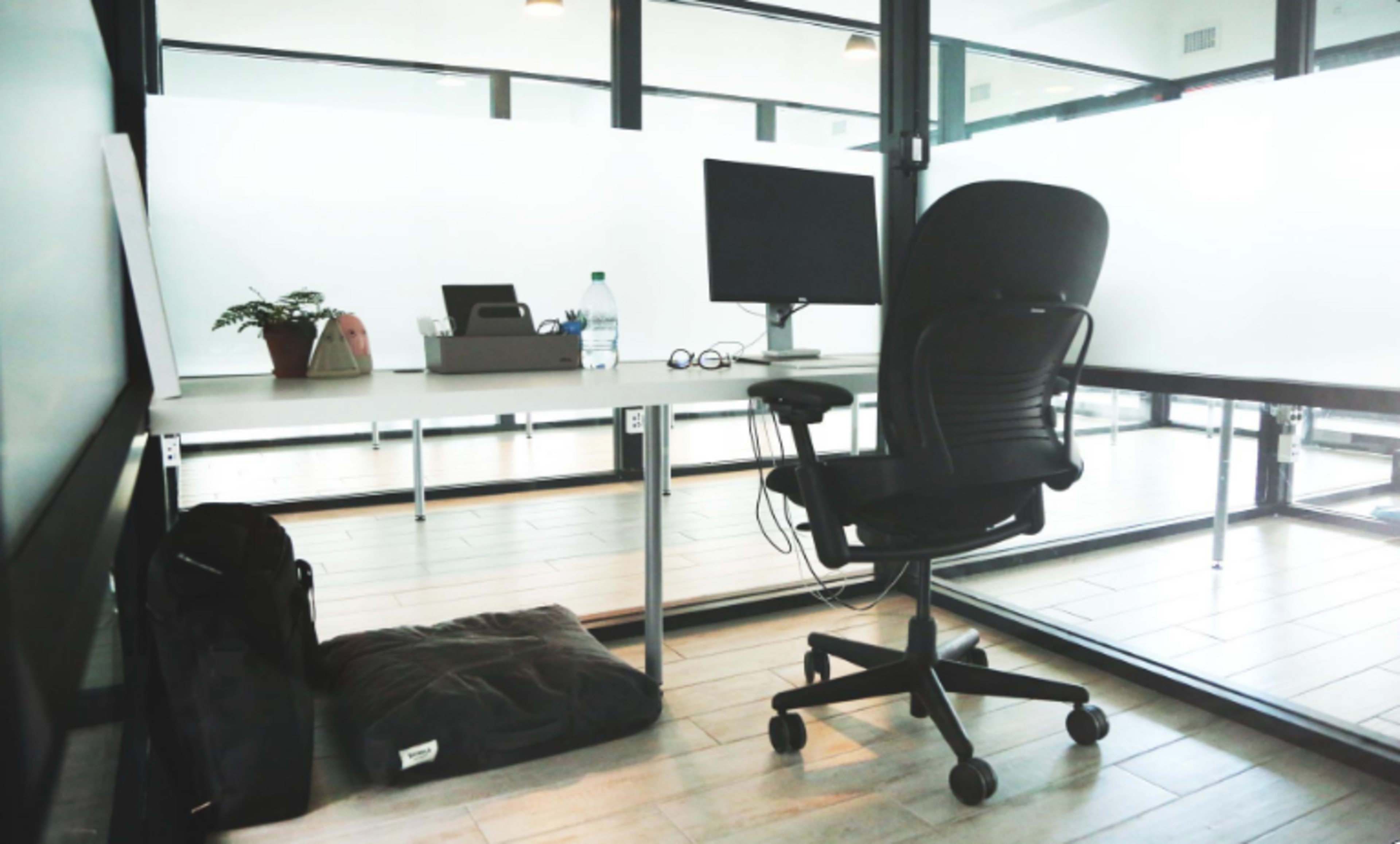 An office workspace featuring a desk with a computer monitor, a chair, a water bottle, glasses, and a potted plant, with a cushion and bag positioned on the floor nearby.
