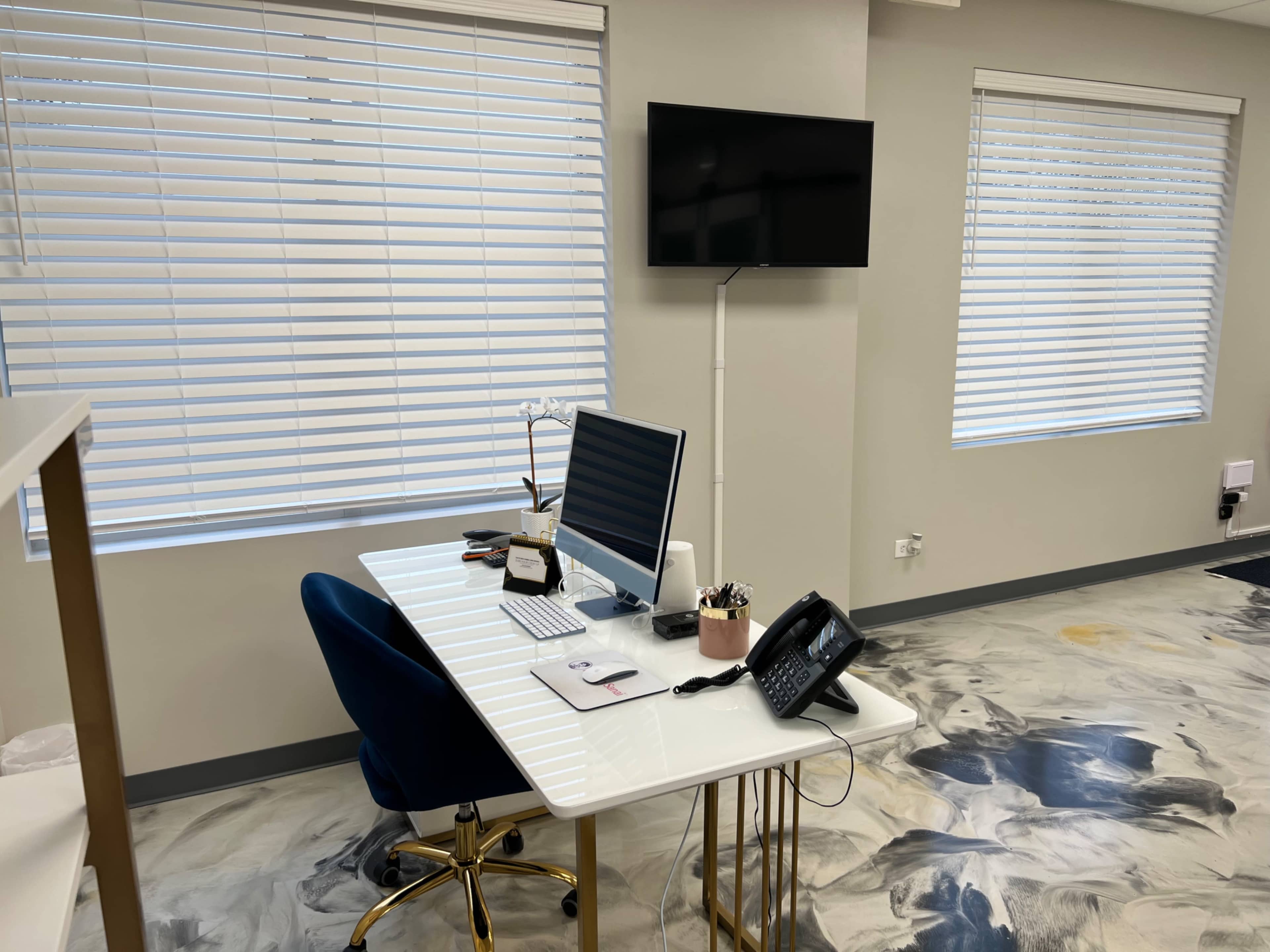 The image shows a modern office space with a white desk, a computer monitor, a telephone, and a potted plant, illuminated by natural light through window blinds.