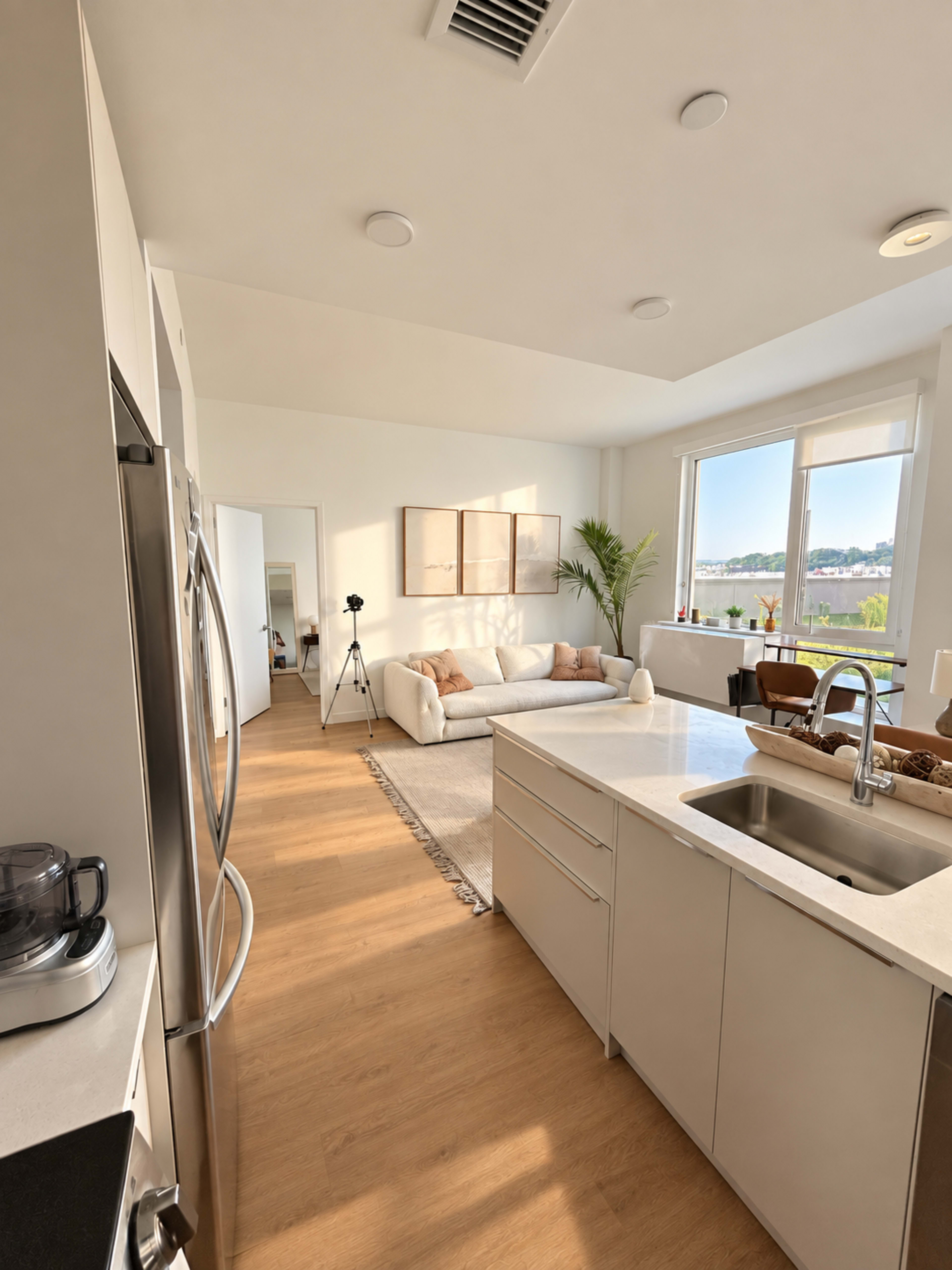 The image shows a modern, bright open-concept living space with a kitchen, a sofa, and large windows.