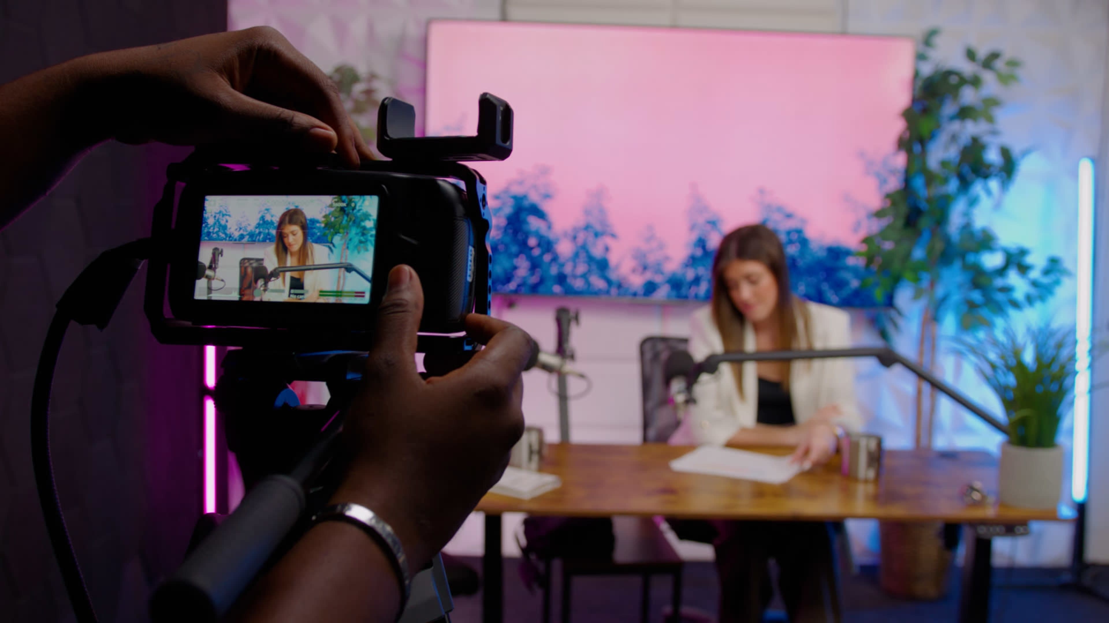A person holds a camera while filming a woman seated at a wooden desk in front of a pink backdrop with trees.