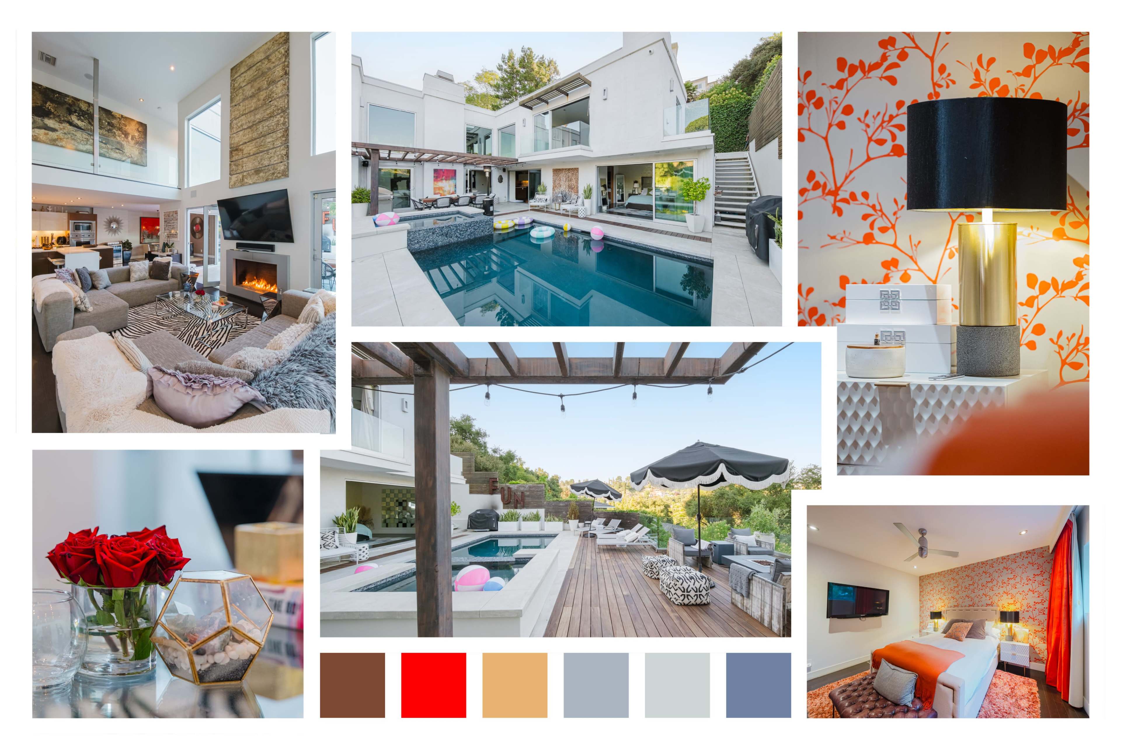 The image showcases a modern home with an open design, featuring a central pool area, stylish living spaces, and vibrant decor.