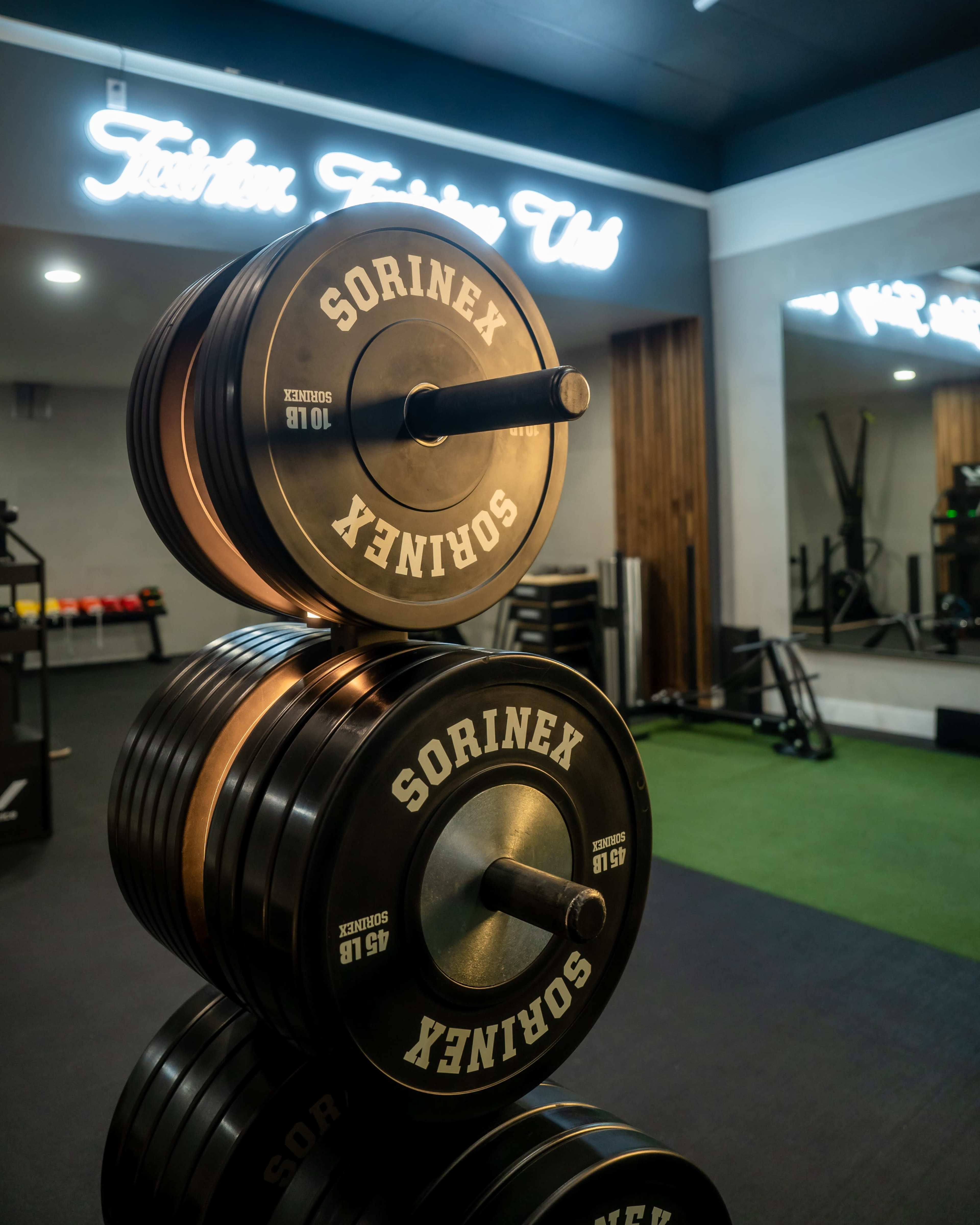 A stack of weight plates labeled "SORINEX" is positioned in a gym environment with a neon sign in the background.