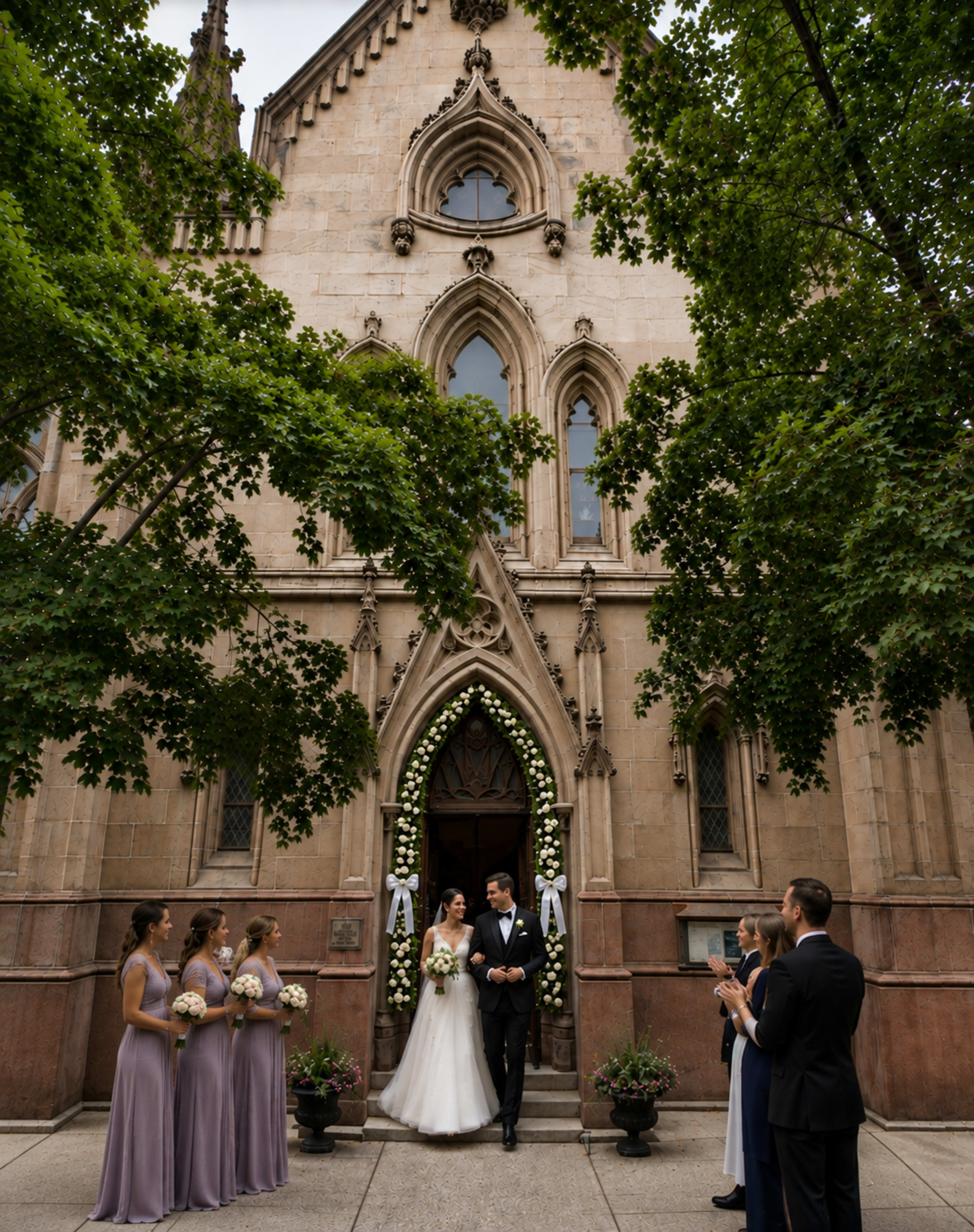 A bride and groom exit a church under a floral arch while six attendants stand nearby, with trees framing the scene.