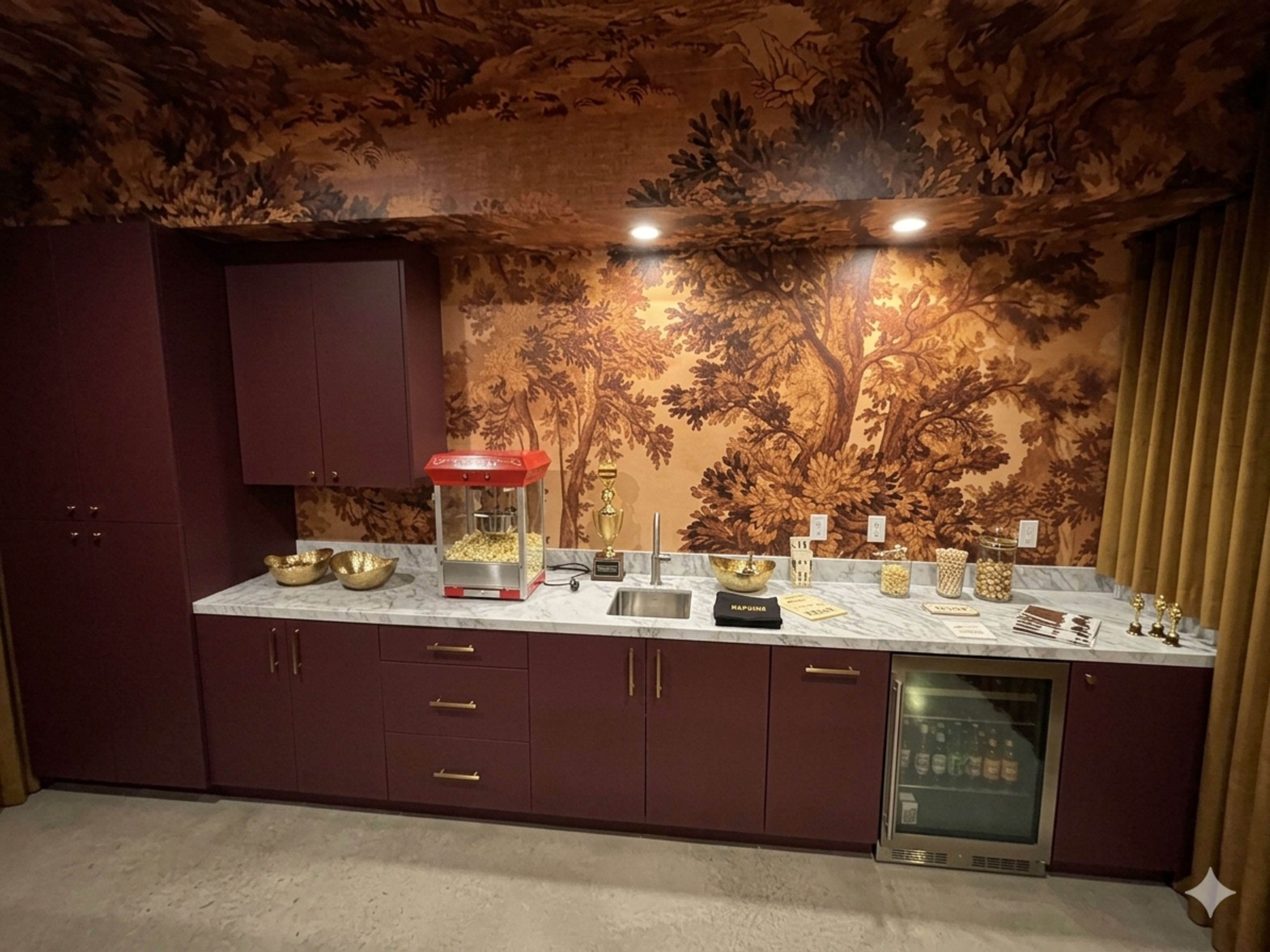 The image shows a rich-colored kitchen area featuring a marble countertop, a popcorn machine, and a decorative wallpaper with a nature scene.