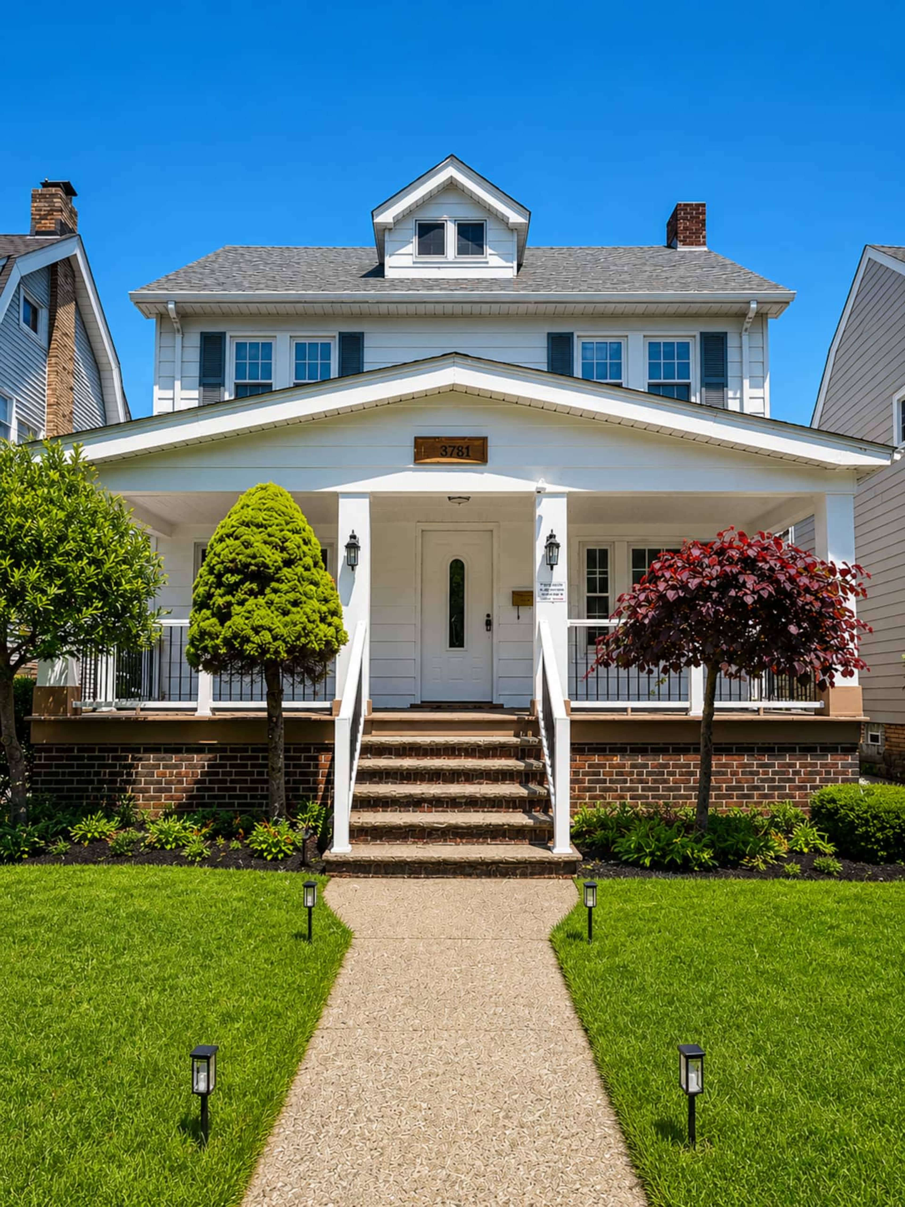 A two-story white house with a gabled roof features a front porch, two decorative trees, and a landscaped pathway leading to the entrance.