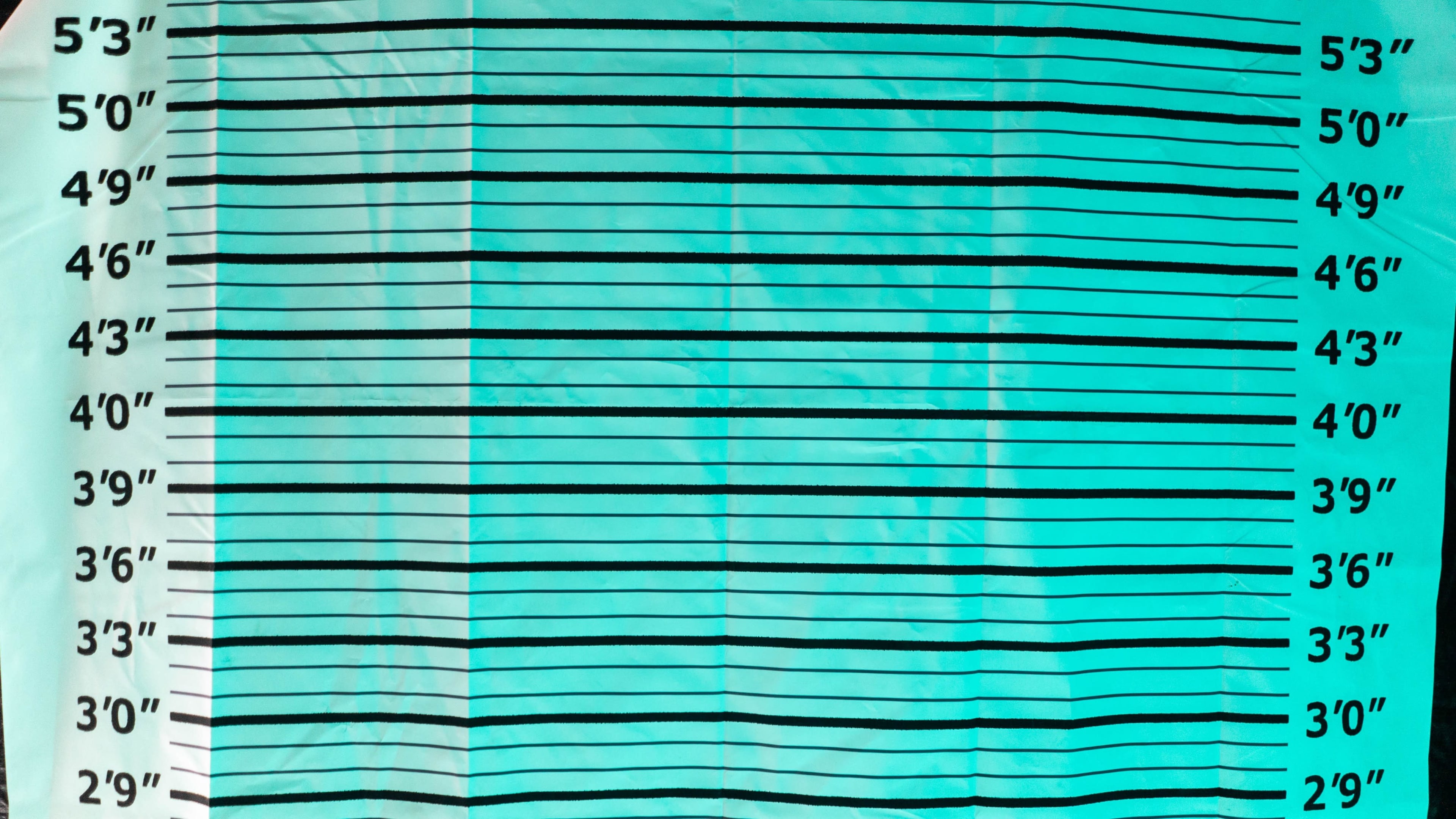A height chart with evenly spaced horizontal lines and marked measurements from 2'9" to 5'3".
