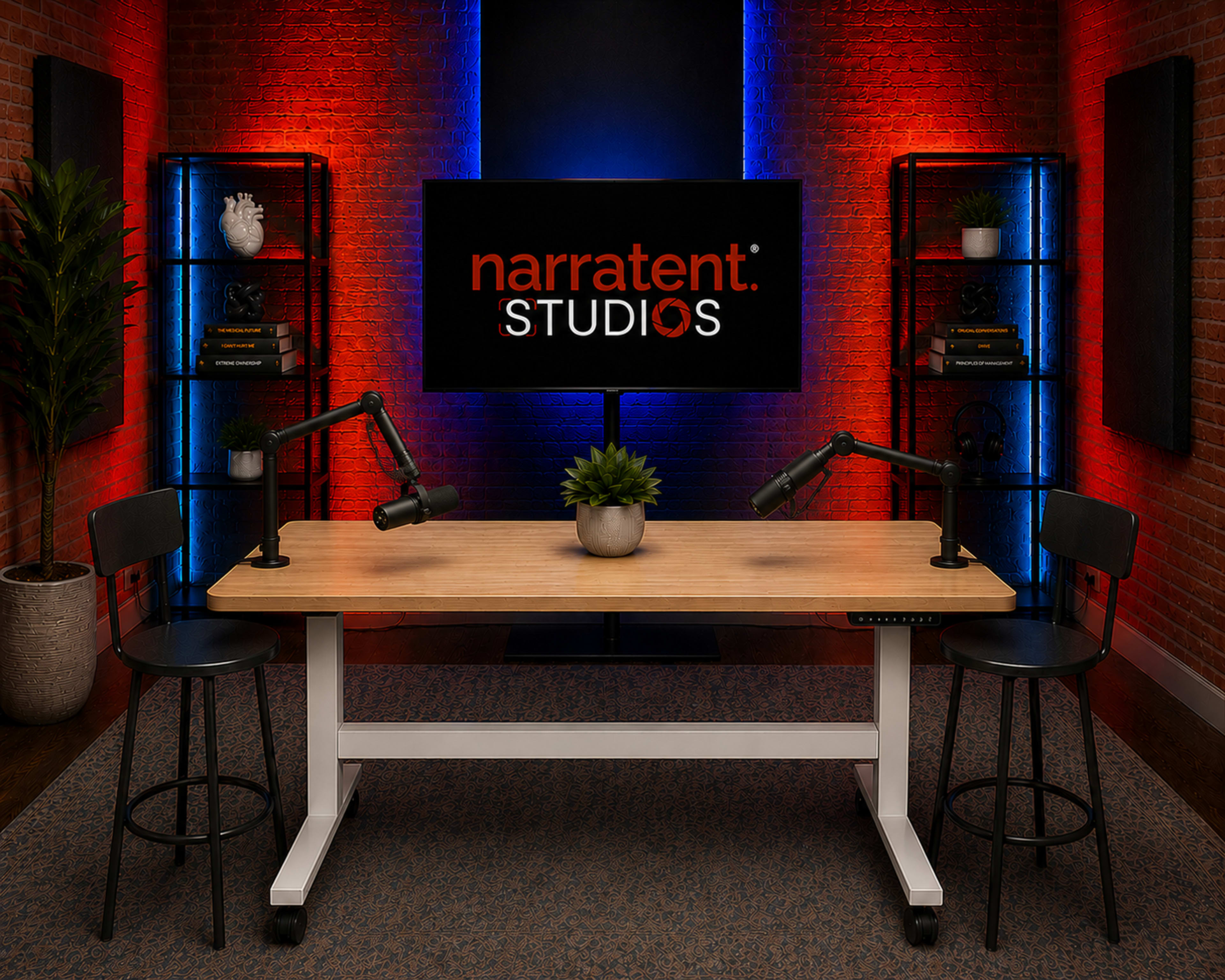 A modern studio setup features a wooden table with two microphones, black chairs, and a large screen displaying the logo "narratent STUDIOS," surrounded by shelves with decorative items and accent lighting.