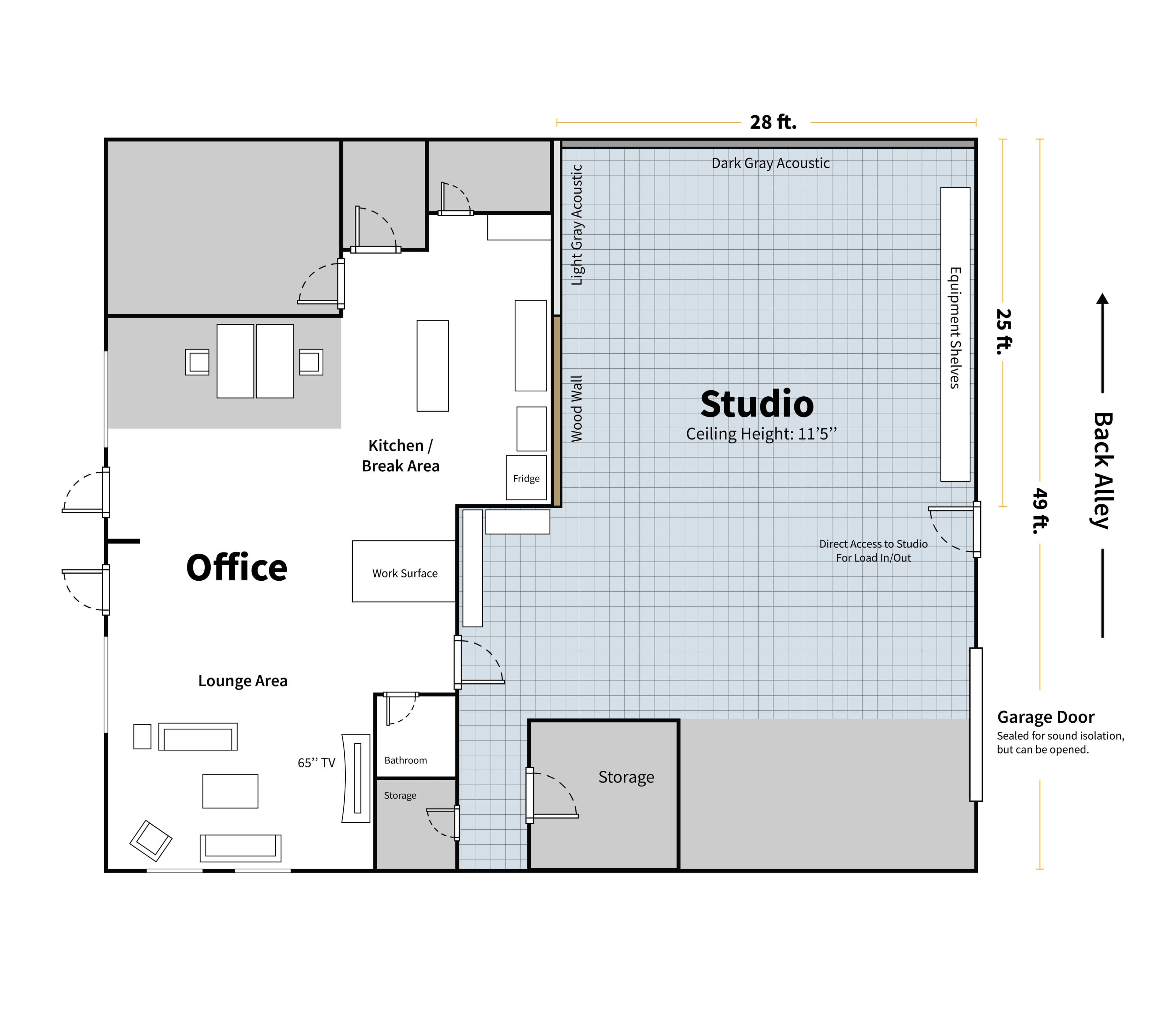The layout diagram shows a workspace with an office, kitchen, lounge area, bathroom, storage, and a sound studio, with designated measurements for each section.