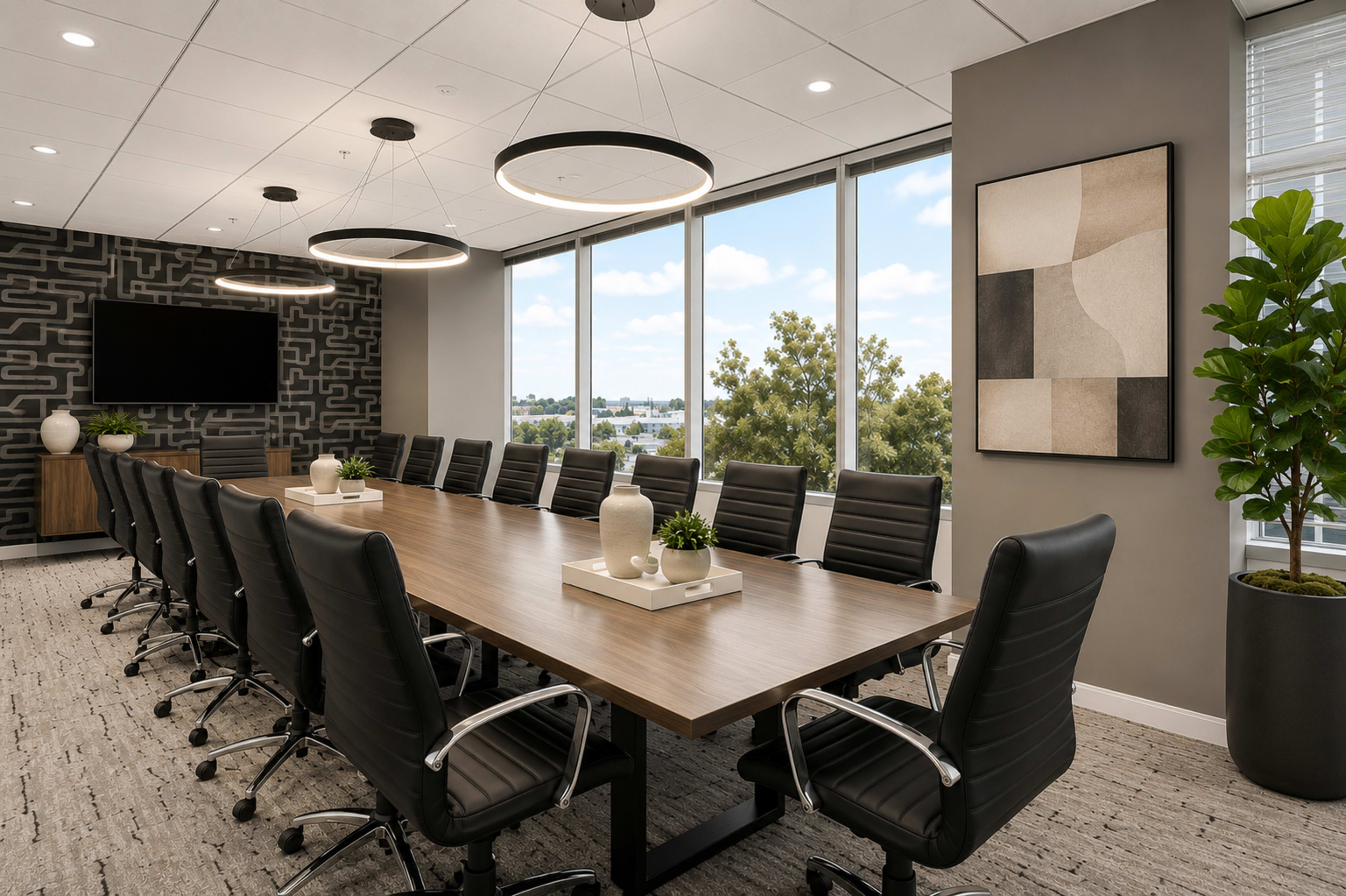 The image shows a modern conference room featuring a long wooden table surrounded by black leather chairs, large windows with a view of greenery outside, and contemporary decor on the walls.
