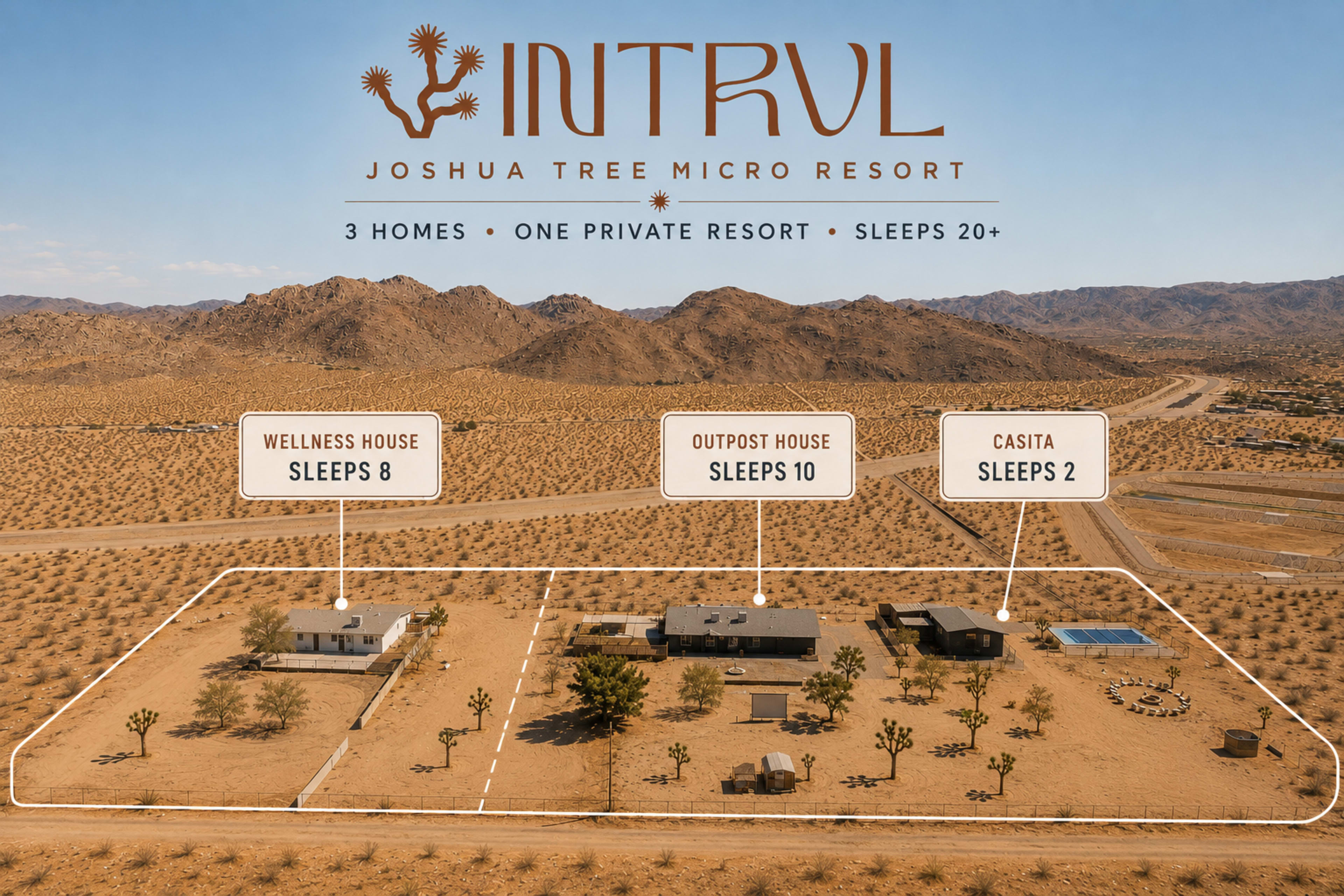 The image shows an aerial view of a micro resort in Joshua Tree, featuring three distinct homes labeled as the Wellness House, Outpost House, and Casita, set against a desert landscape.
