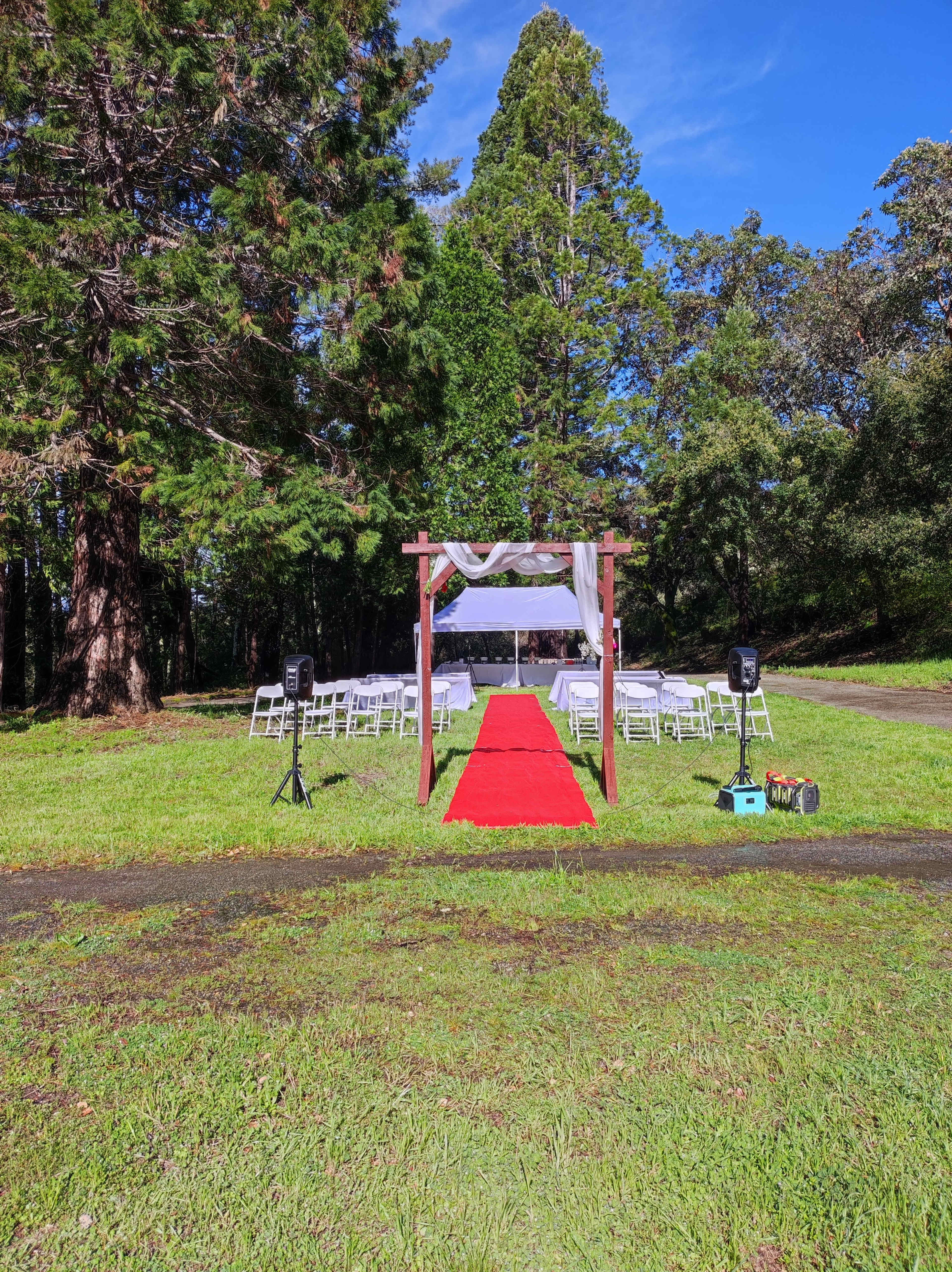 An outdoor wedding setup features a red carpet leading to an arch with drapery, surrounded by rows of white chairs under a clear blue sky.