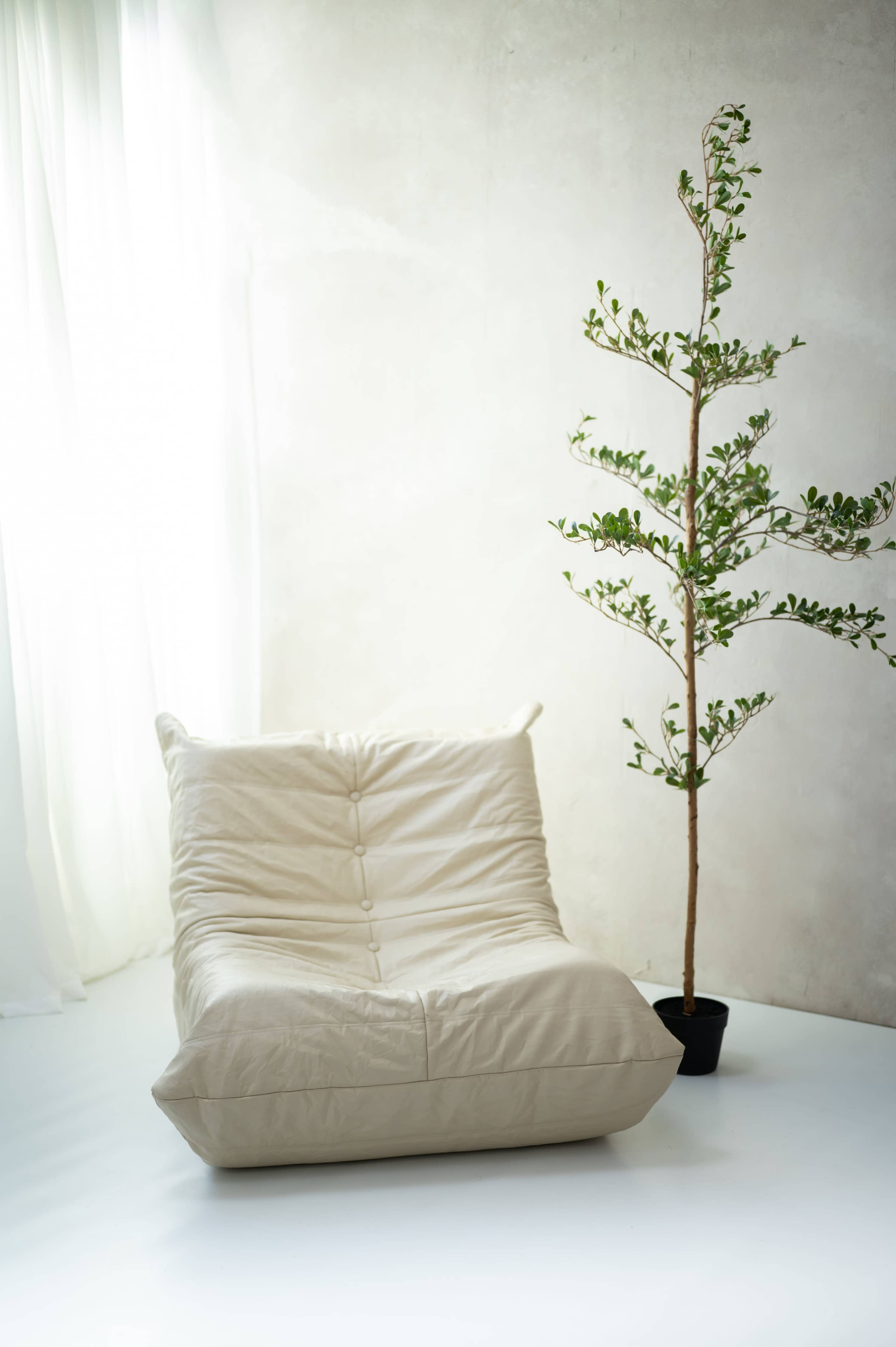 A light-colored, oversized chair is positioned next to a potted plant against a plain wall with natural light filtering through a window.
