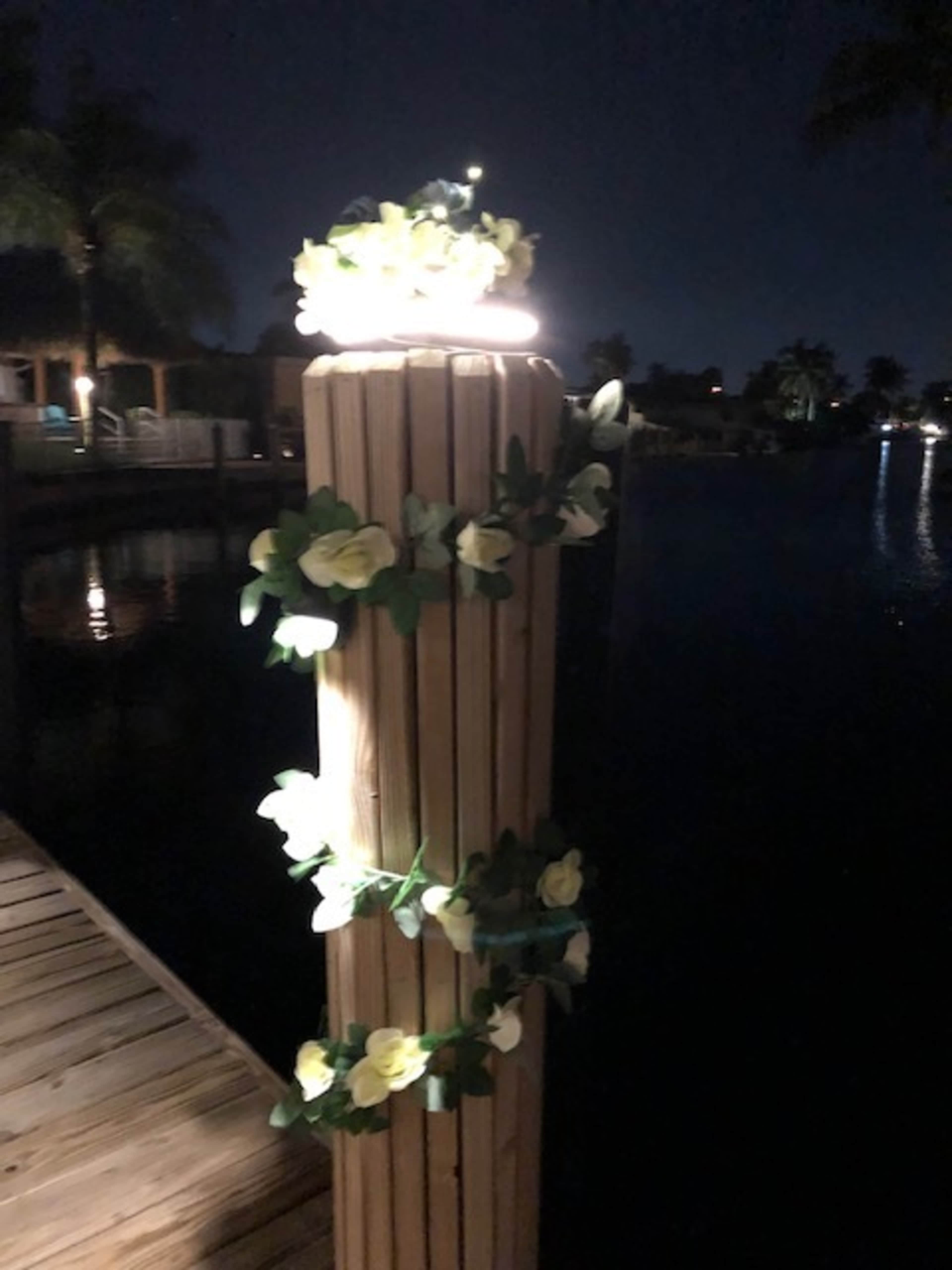 A wooden dock post is illuminated by a light on top and wrapped in greenery with white flowers under a night sky.