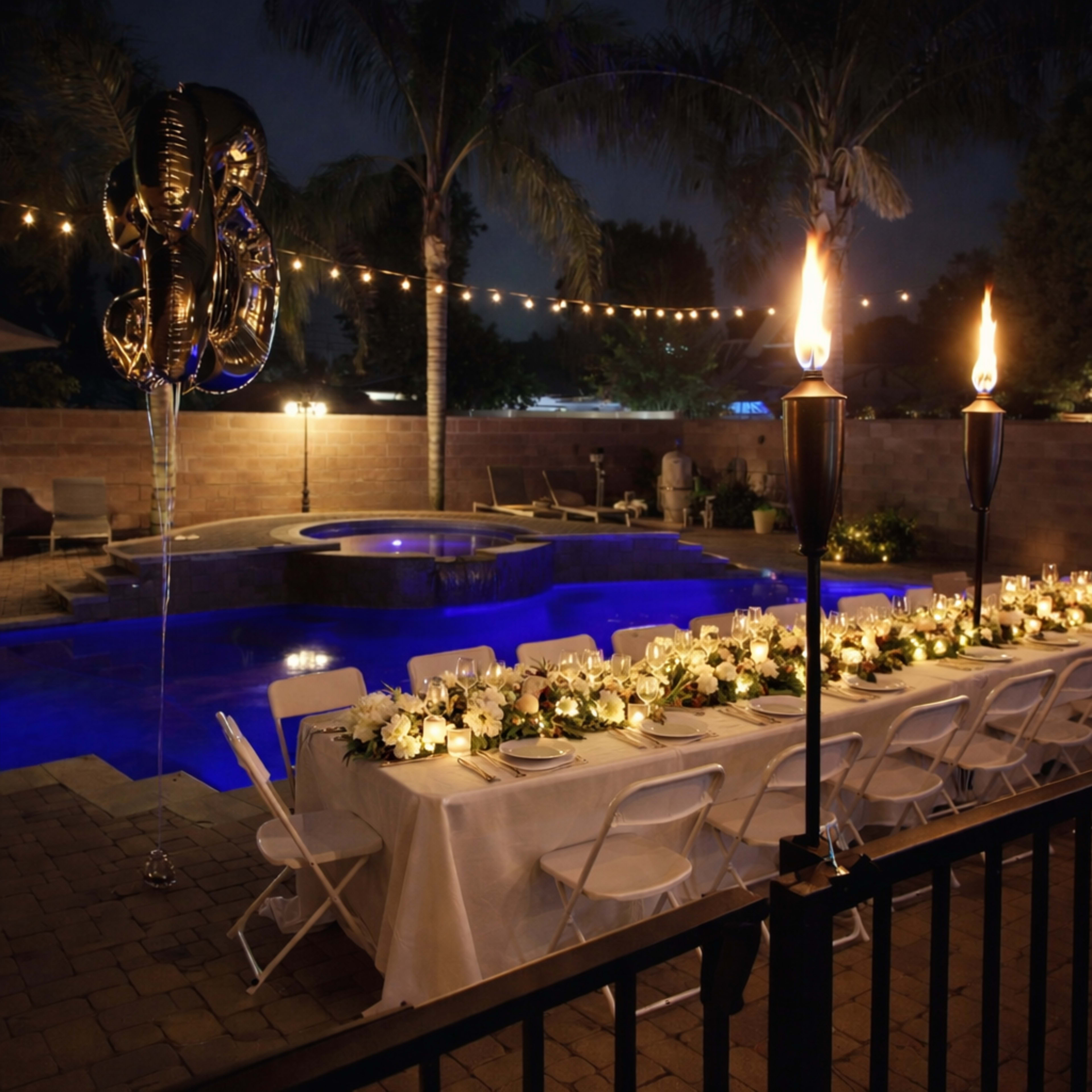 A long table set for a celebration dinner is positioned beside a lit pool with torches and balloons in the evening.